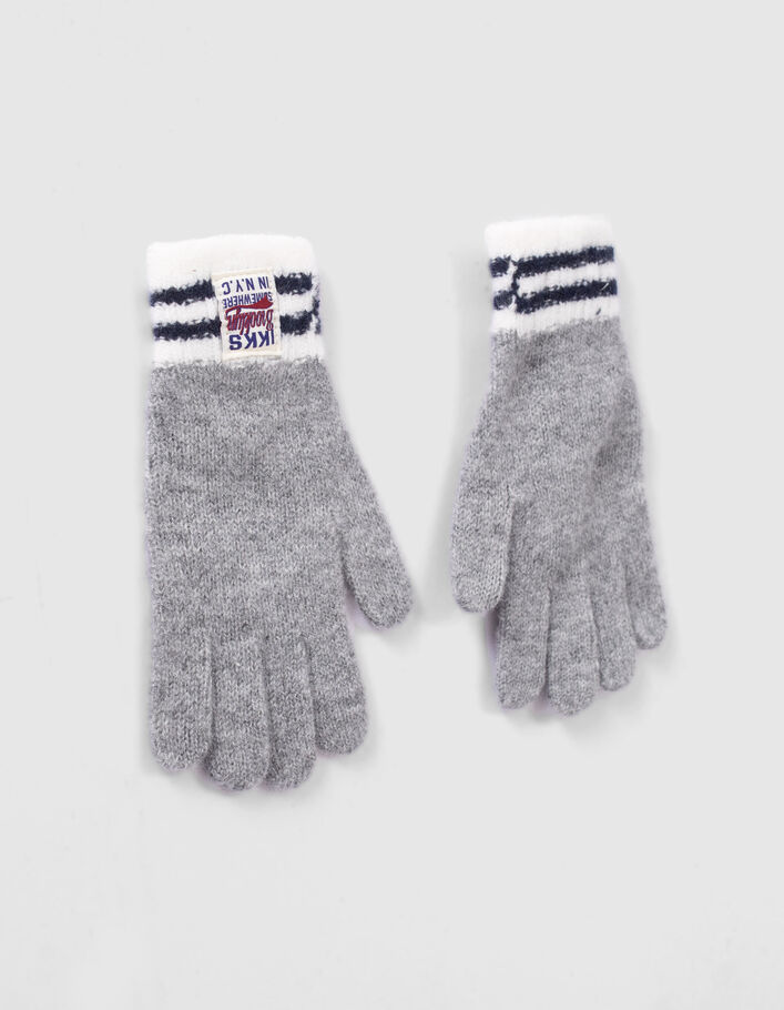 Gants gris tricot bords-côtes rayés garçon