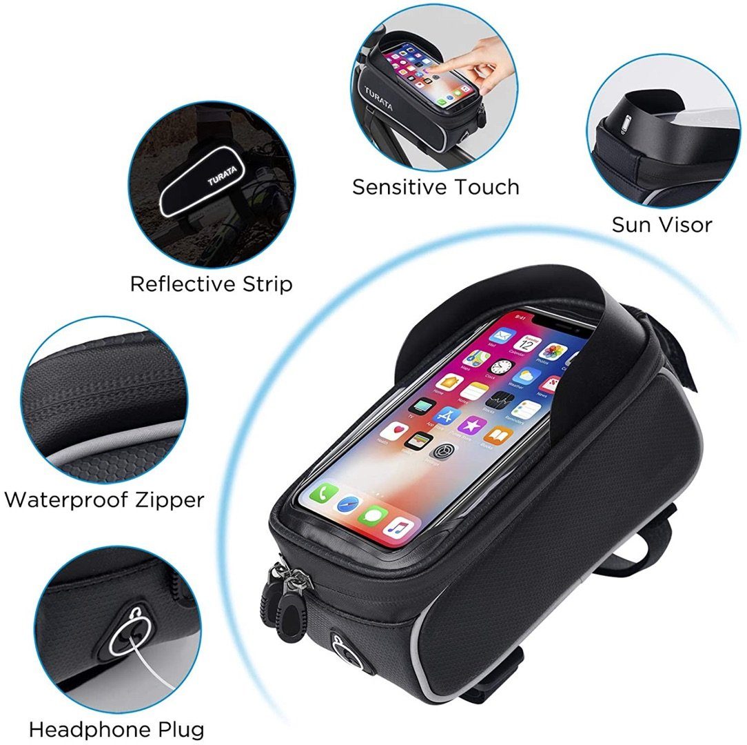 vokarala Fahrradtasche, Fahrrad Rahmentasche Wasserdicht Fahrradtasche Lenkertasche Handyhalterung Handyhalter Handytasche Oberrohrtasche mit Kopfhörerloch Reflektierend für Smartphone unter 6,5 Zoll