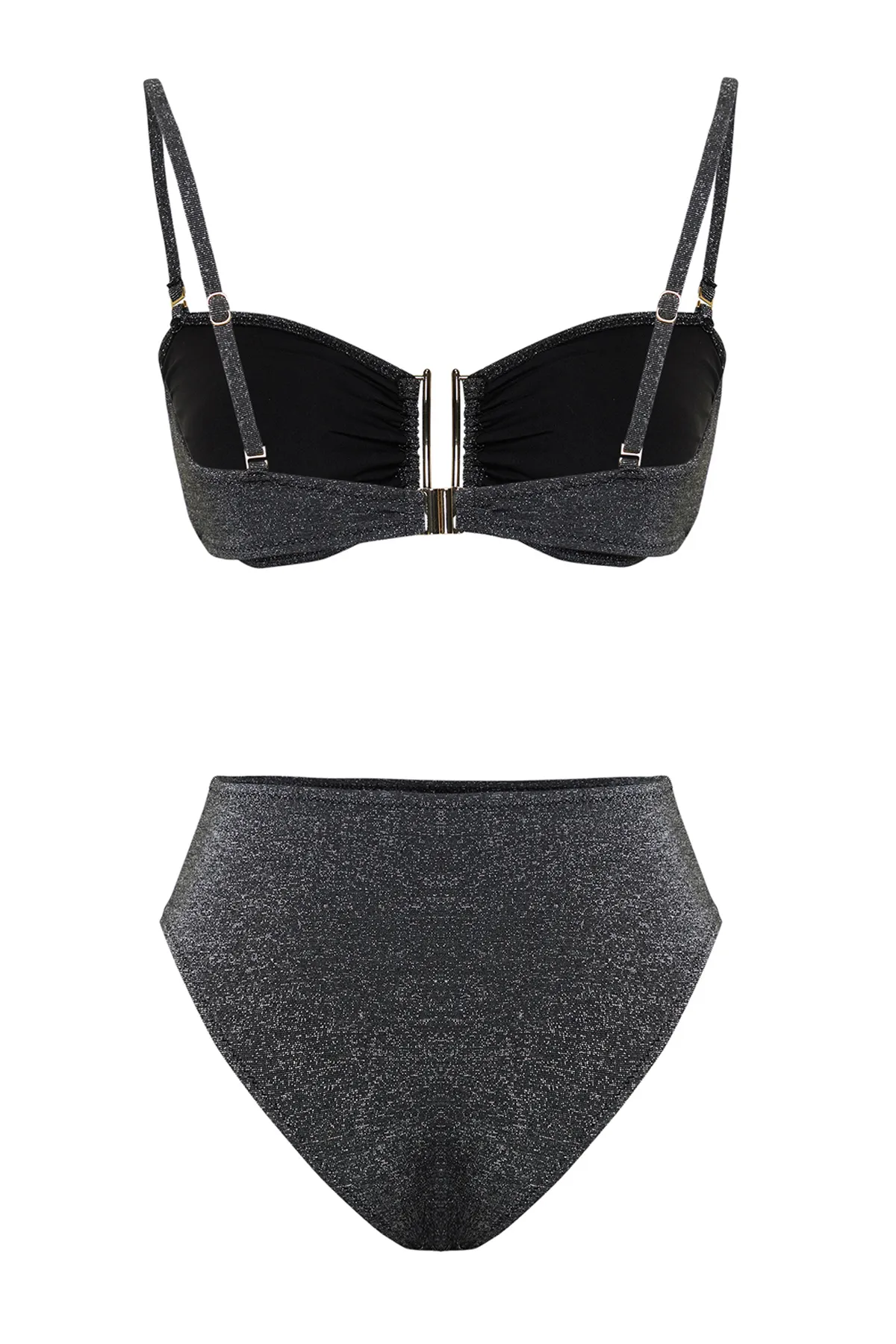 Trendyol Collection  Schwarzes trägerloses Accessoire Glitzer-Bikini-Set mit hoher Taille und hohem Beinausschnitt TBESS24BT00054