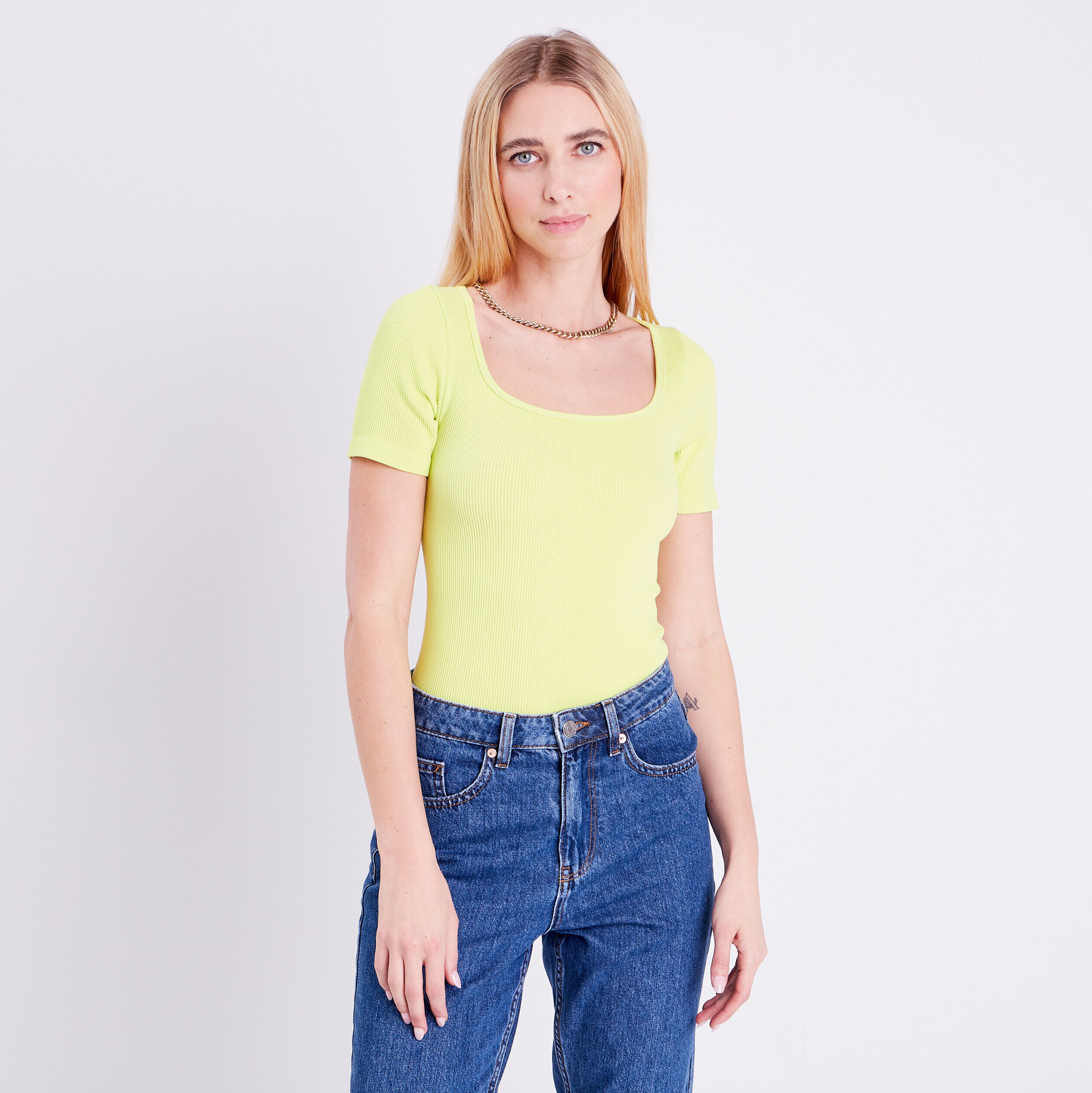 T-shirt manches courtes côtelé vert fluo femme | Cache Cache