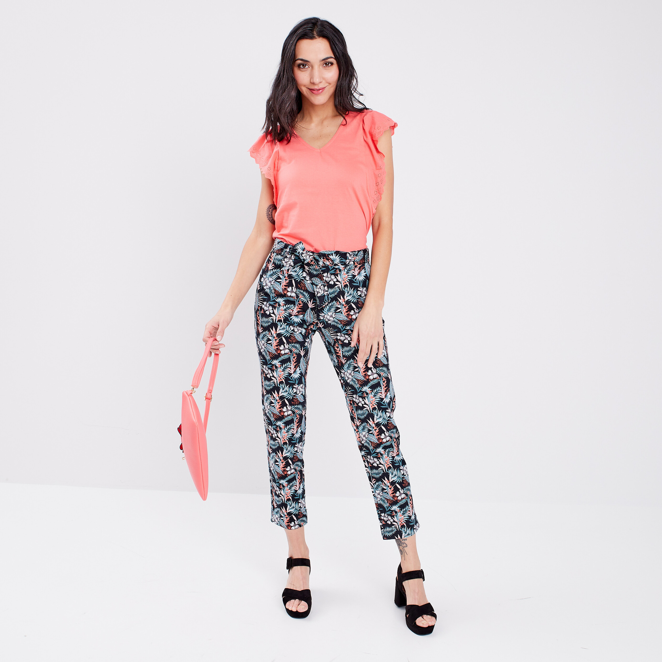 T-shirt manches courtes volantées rose corail femme | La Halle