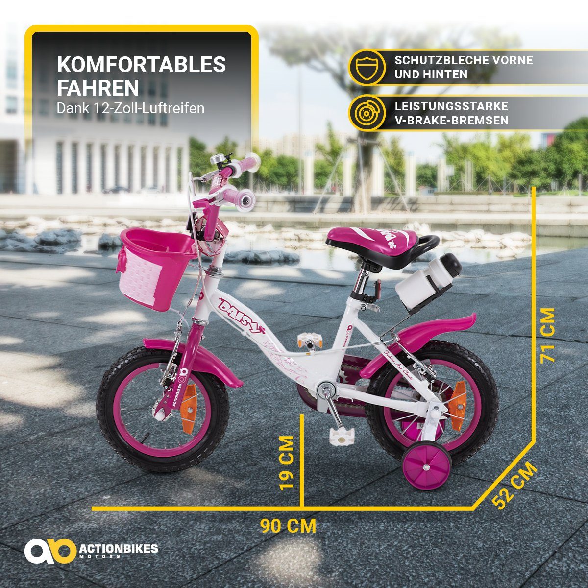 Actionbikes Motors Kinderfahrrad Kinder Mädchen Fahrrad Daisy inkl. Korb, 1 Gang, ohne Schaltung, (12 Zoll, ab 95 cm Körpergröße, max. Zuladung 35 kg, Trinkflasche inkl. Halterung, abnehmbare Stützräder, Klingel, Reflektoren, Antirutschgriffe, Lenker