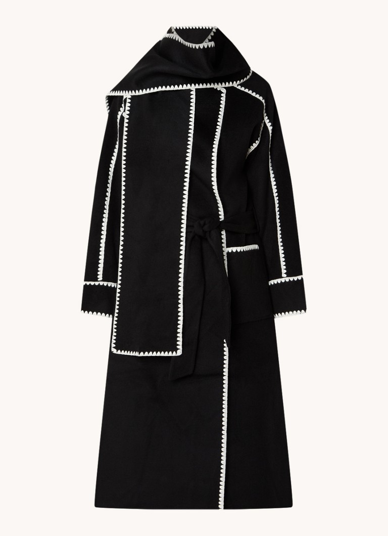 Maje coat in wool blend with bow belt and embroidery