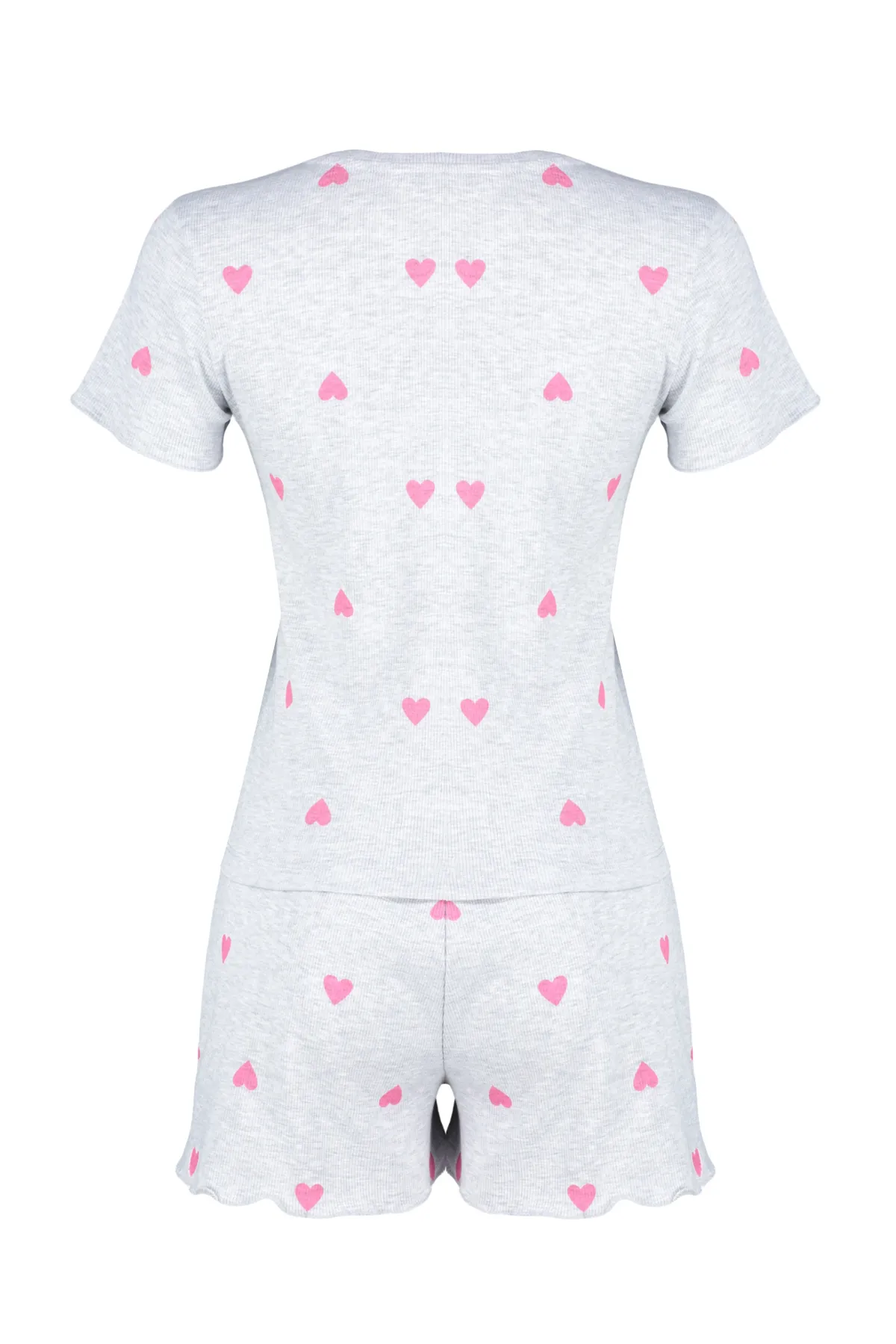 Trendyol Collection  Grau meliertes Pyjama-Set aus geripptem Strick-Pyjama mit bedrucktem Gummi und Herz-Slogan THMSS24PT00220