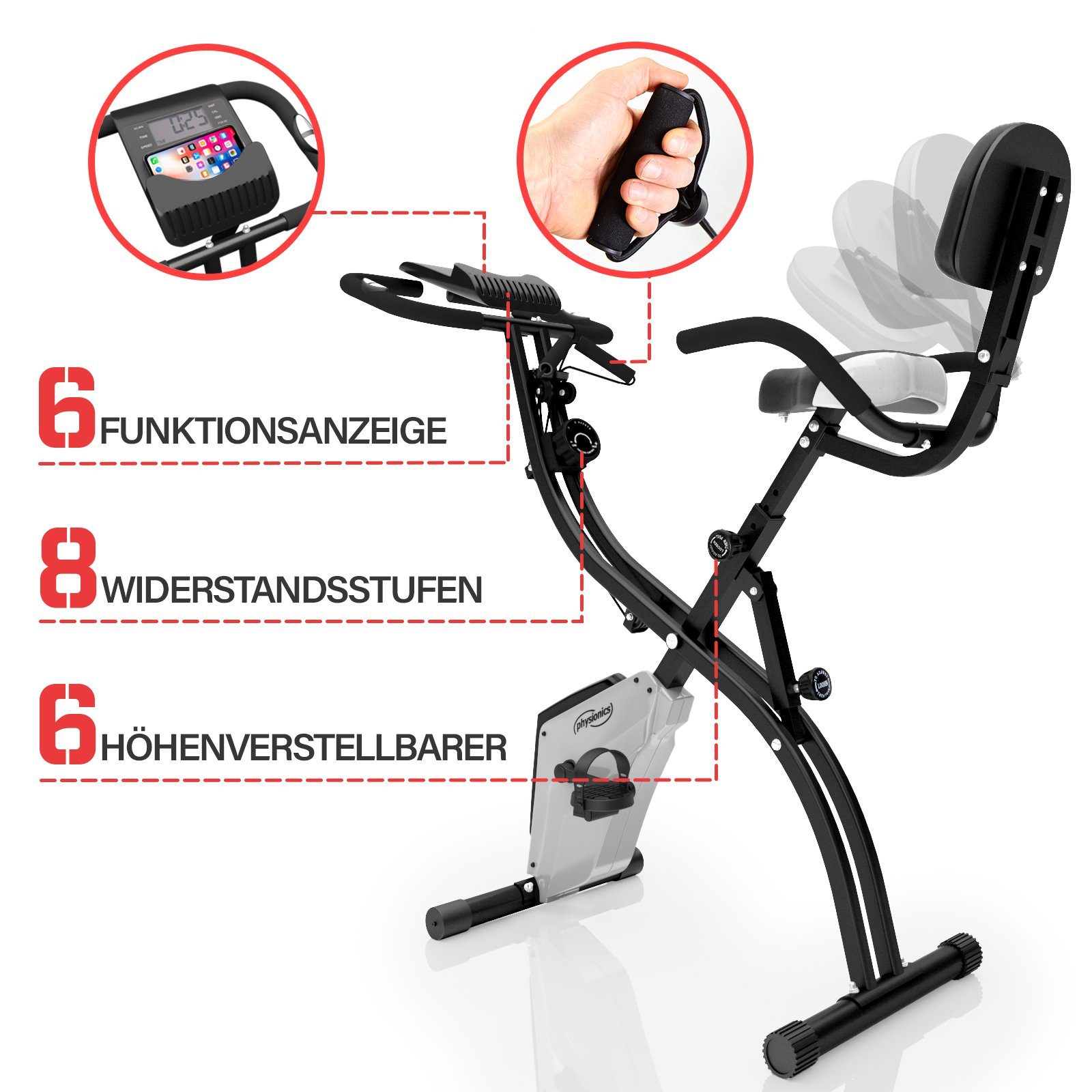Physionics Heimtrainer Fahrrad Klappbar Fitnessbike 120kg Hometrainer Ergometer