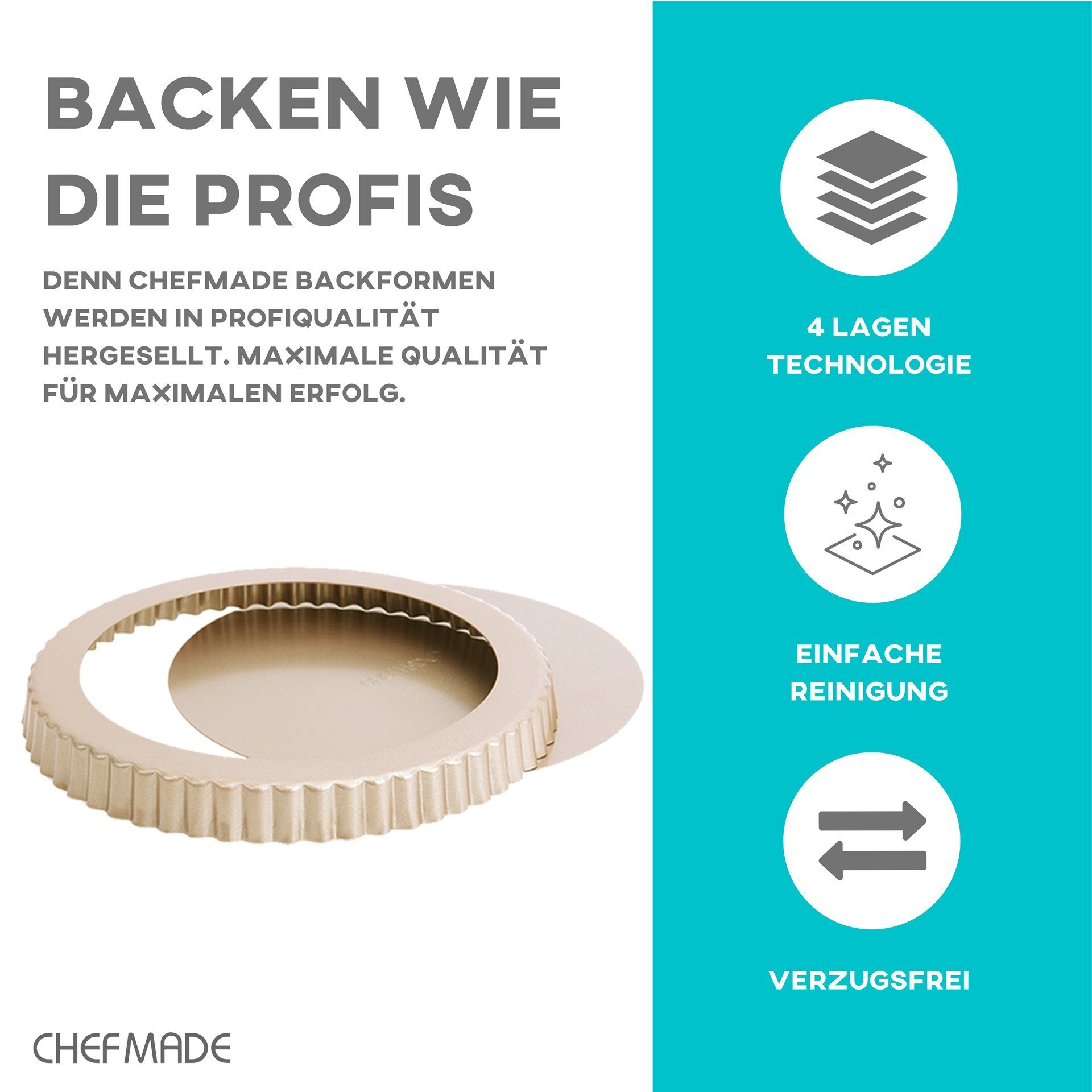 Chefmade Tarteform Kuchenform, (CHEFMADE, 24cm Tarteform mit Hebeboden, 240x23mm, Champagnergold, antihaft- & silikonbeschichtet, Quicheform, mit Hebeboden, Pie Form, Hebebodenform, Obstkuchenform, Karbonstahl 2-tlg), Tarteform mit Hebeboden - Quiche