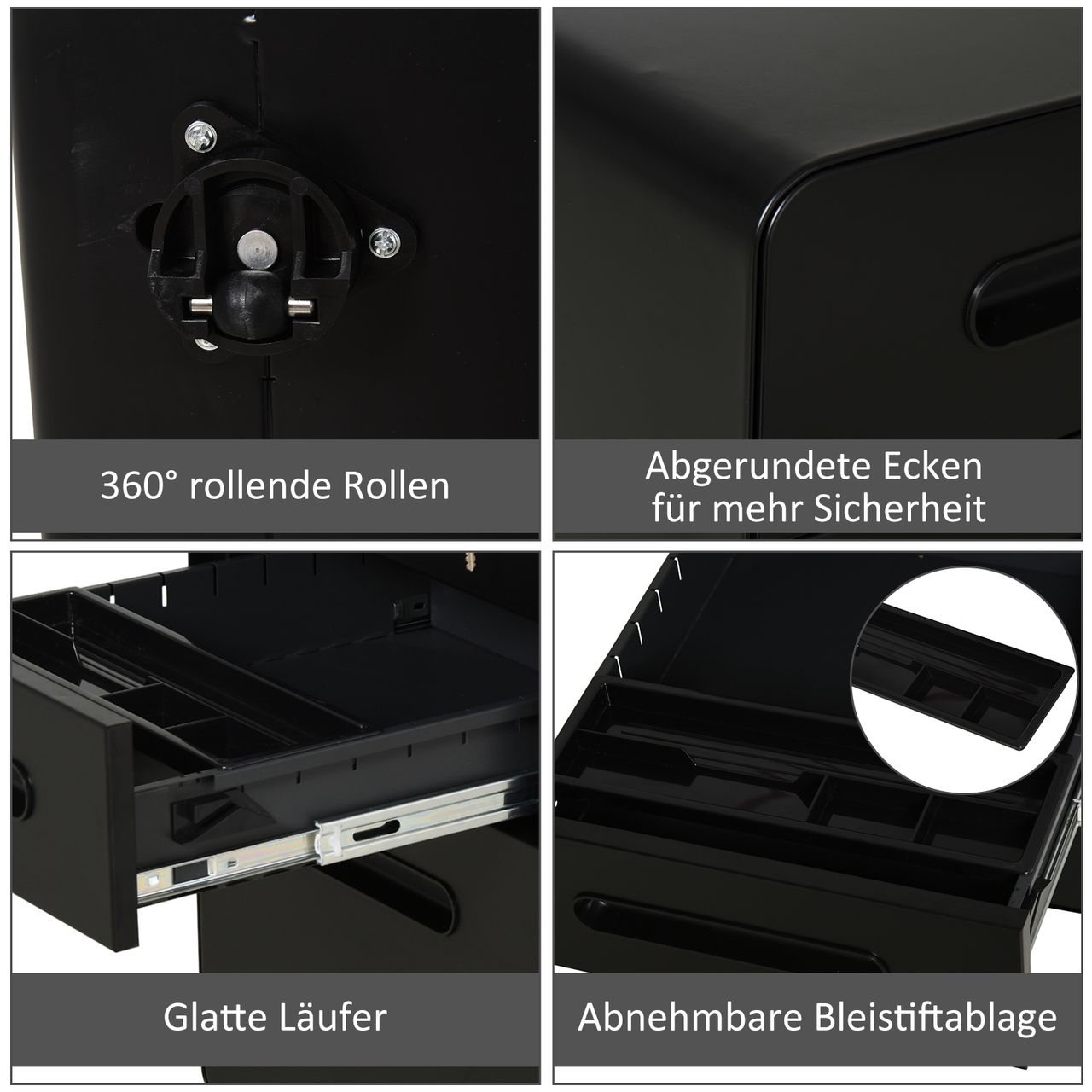 Vinsetto Rollcontainer Aktenschrank Bürocontainer mit 3 Schubladen Büroschrank Aufbewahrung Container Stahl Schwarz 39 x 48 x 59 cm