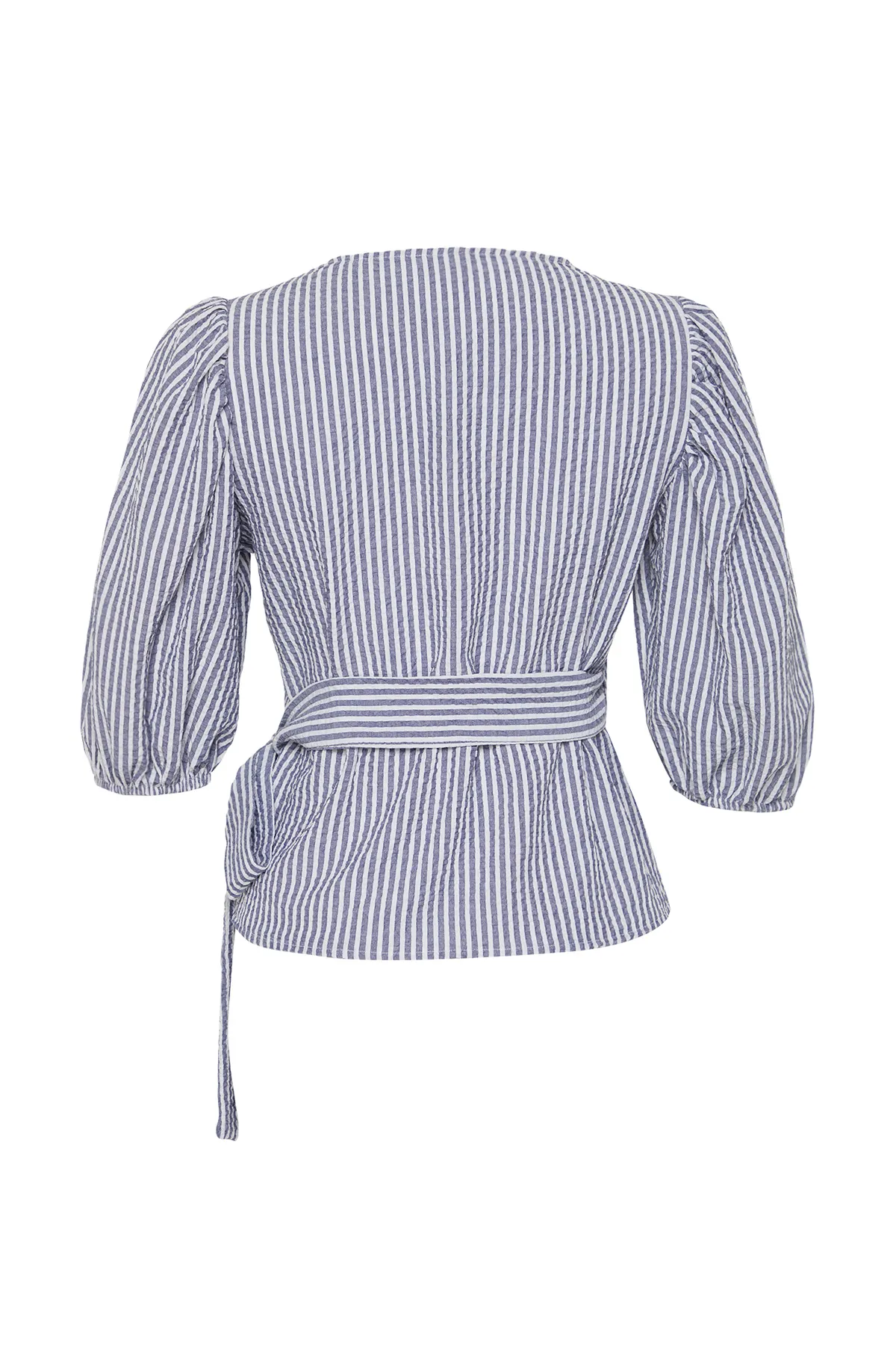 Trendyol Collection  Marineblaue zweireihige Bluse aus Seersucker-Stoff mit Schnürung TWOSS24BZ00345
