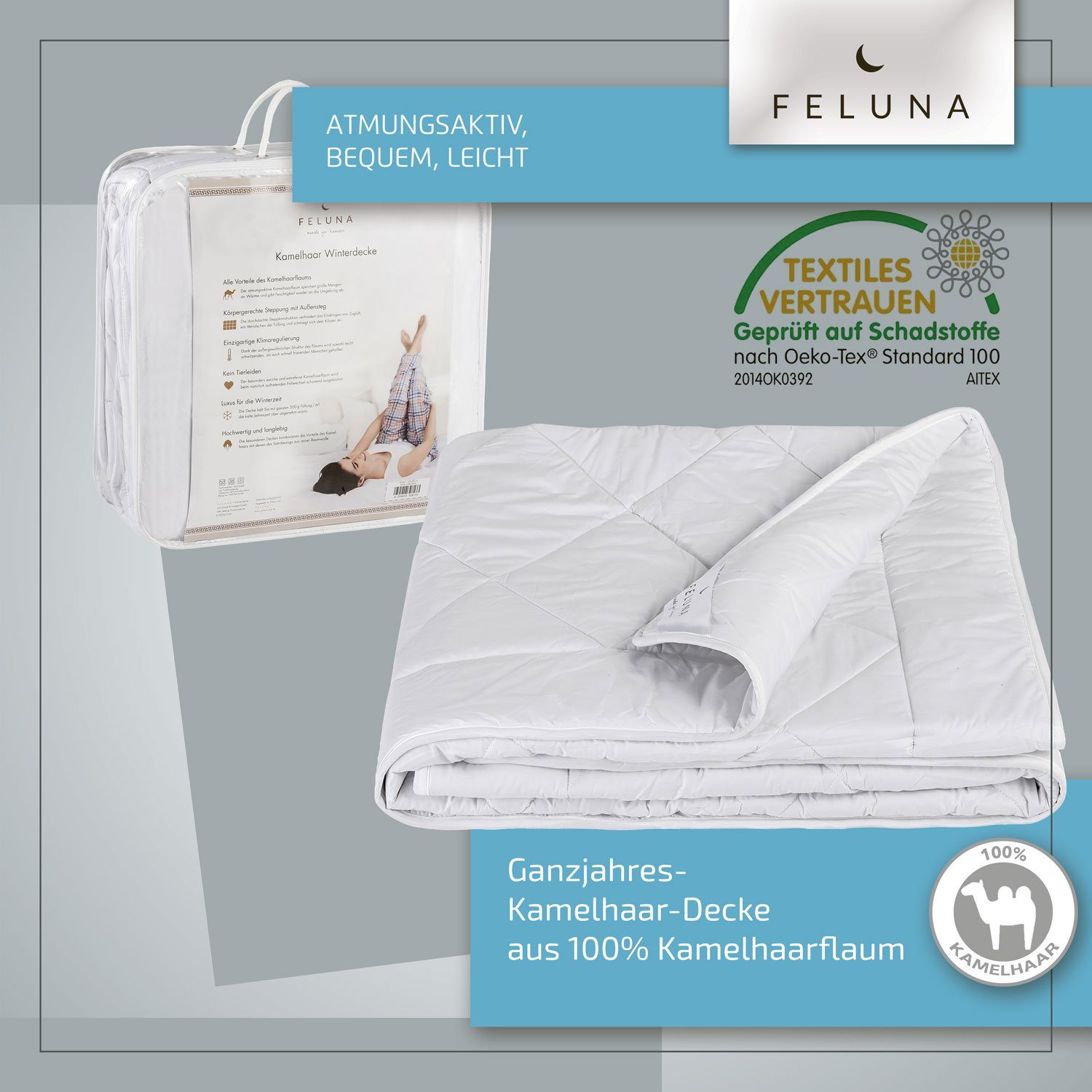 Naturhaarbettdecke, Ganzjahres-Decke Steppdecke, Feluna, Füllung: Kamelhaar