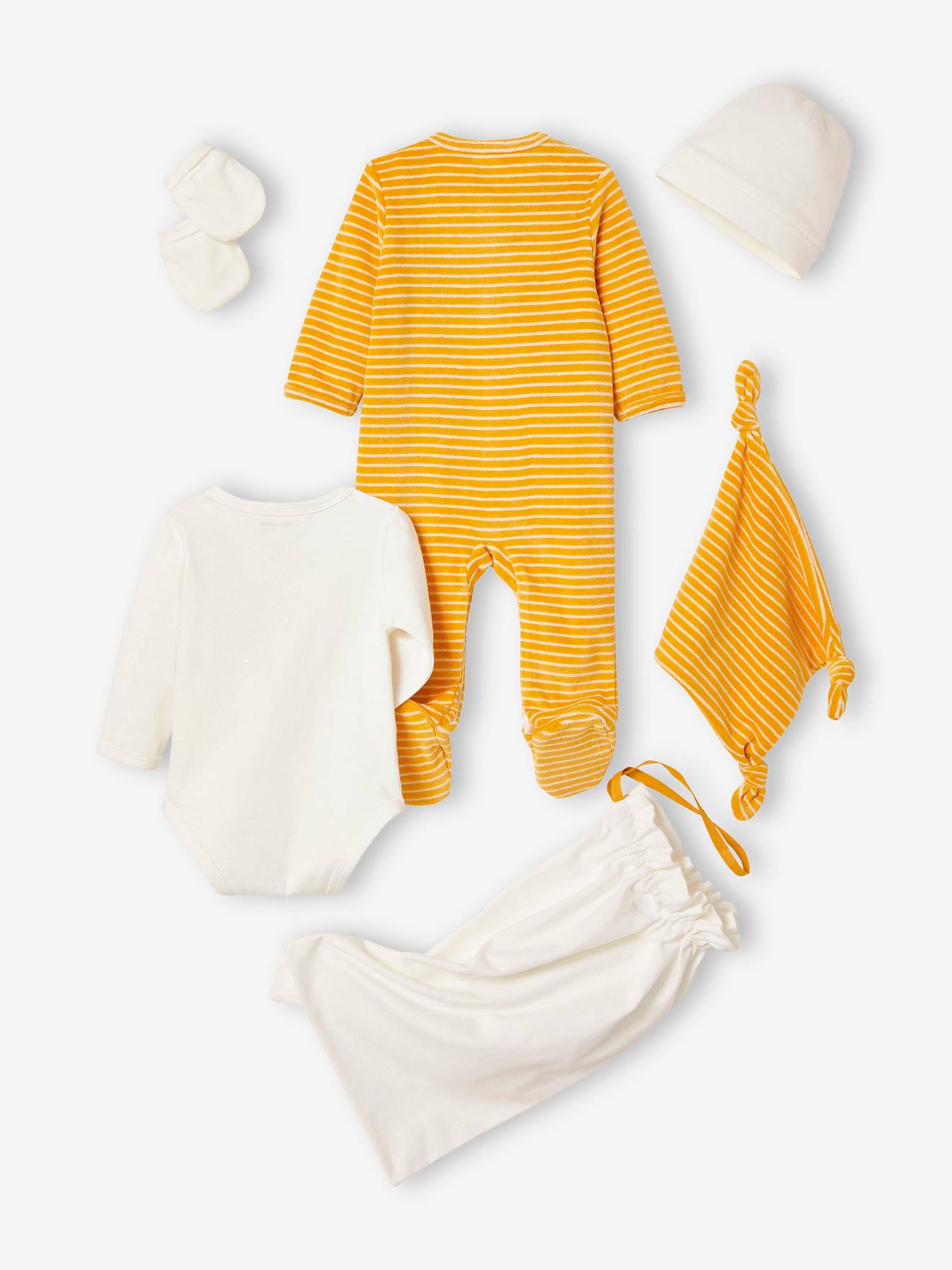 Kit naissance 5 pièces et sac rayé chat lot jaune épicé
