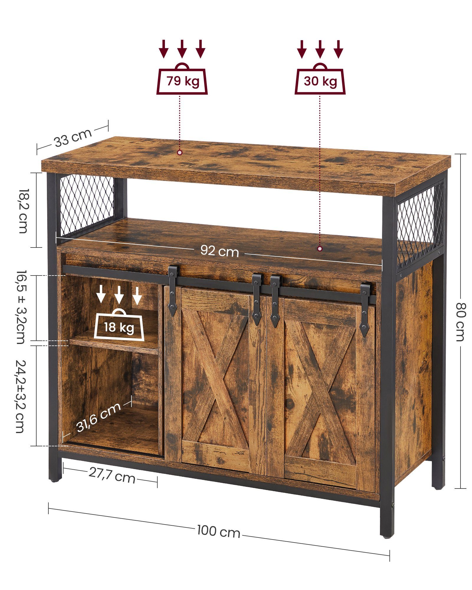 VASAGLE Sideboard Küchenschrank, mit 2 Schiebetüren, verstellbare Ablagen
