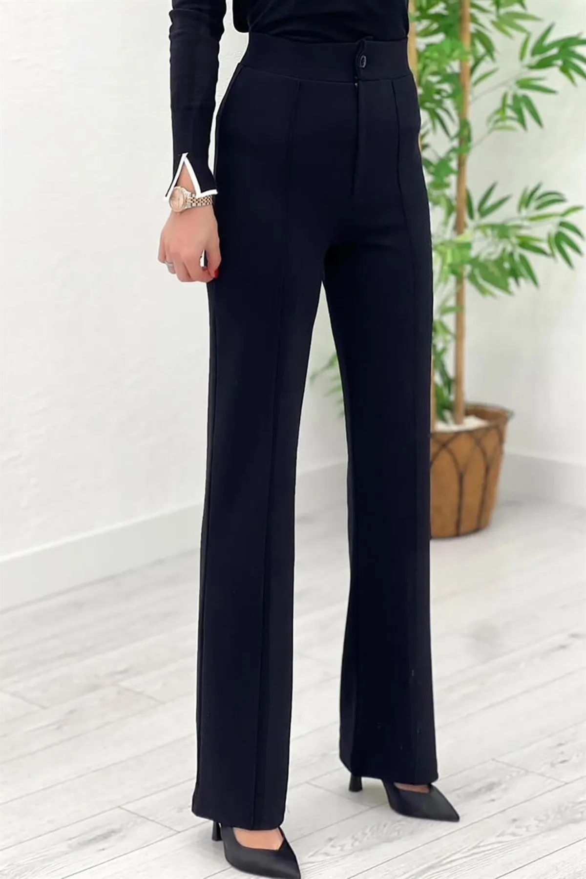 GRİLAND  Schwarze, geraffte, geraffte Palazzo-Hose für Damen mit hoher Taille