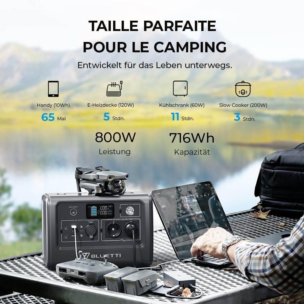 BLUETTI Stromerzeuger EB70 mit 120W Solar Stromgenerator Kit, 1,00 in kW, (mit PV120 Solarpanel, 3-tlg., 1000W/716Wh LiFePO4 Batterie), für Outdoor Camping, Off-Grid, Blackout