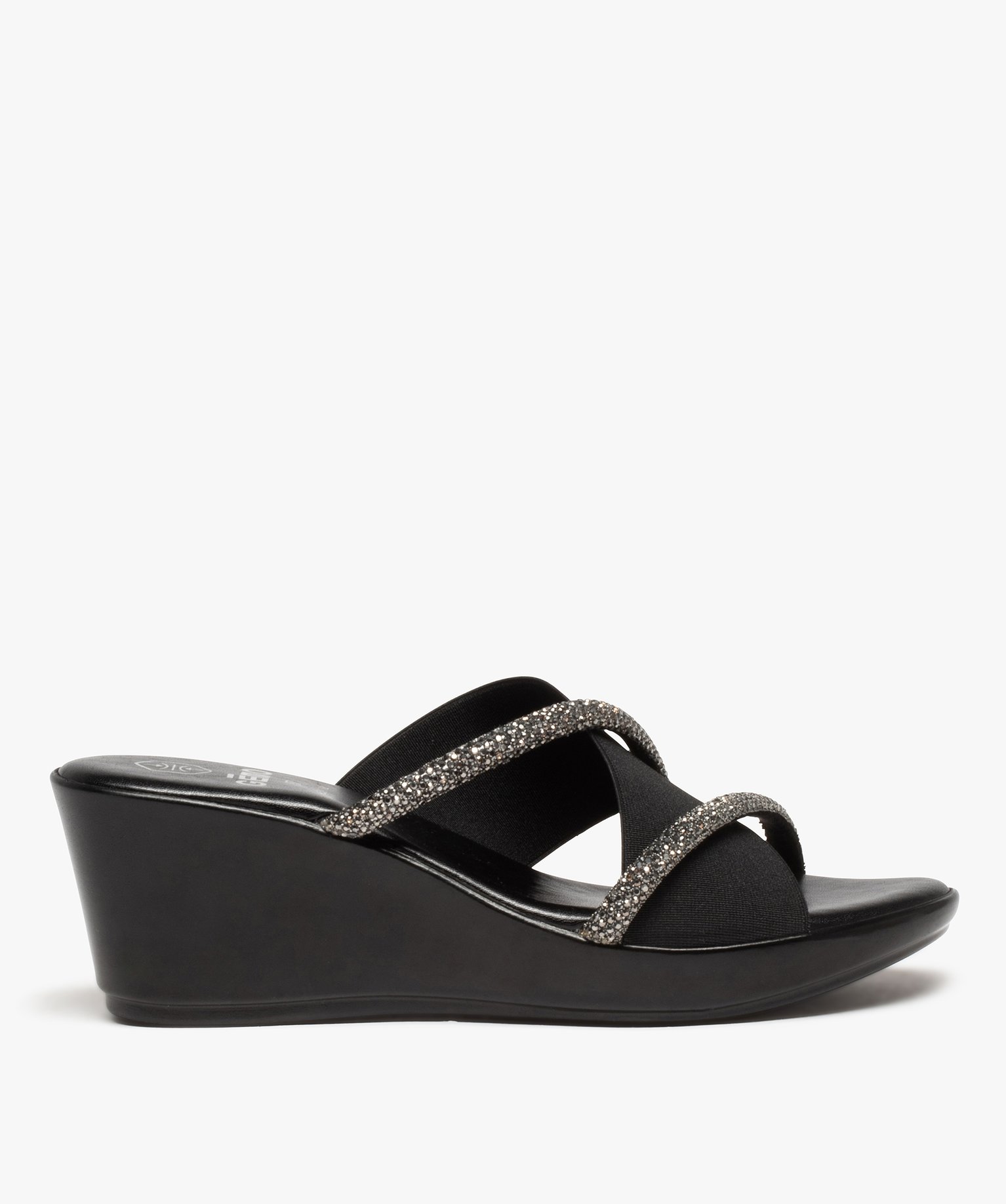 Mules femme à talon compensé et brides strass noir | GEMO