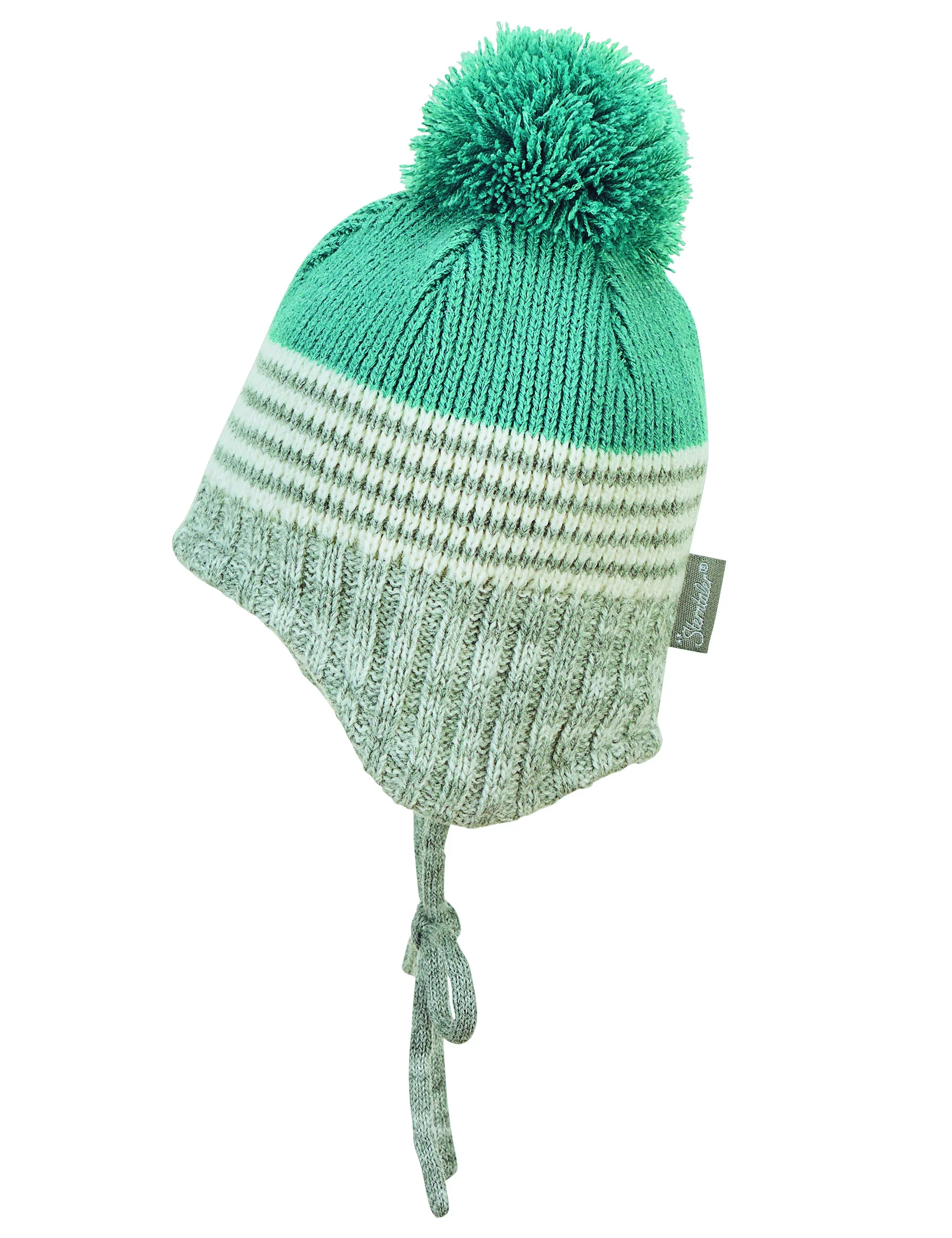 Strickmütze im Mustermix mit Bommel und Bindeband