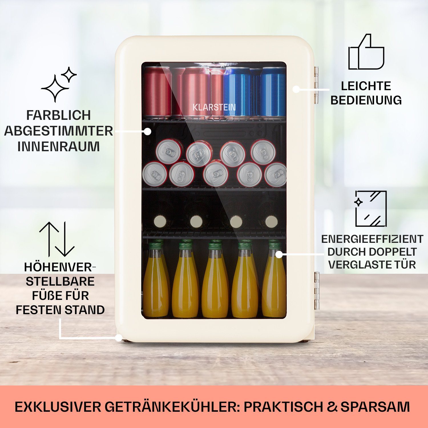 Klarstein Getränkekühlschrank HEA13-PopLife-65L 10040736, 69 cm hoch, 44 cm breit, Bierkühlschrank Getränkekühlschrank Flaschenkühlschrank mit Glastür