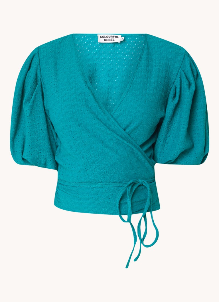 Colorful Rebel Miley wrap top with texture and puff sleeves
