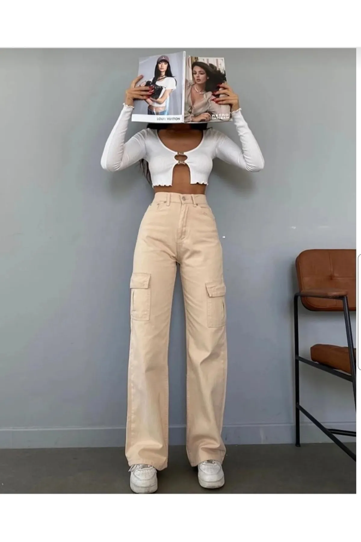 Trn JNS  Hayley Damen-Palazzo-Jeans in Beige mit extra hoher Taille, Tasche und ohne Gesäßtasche