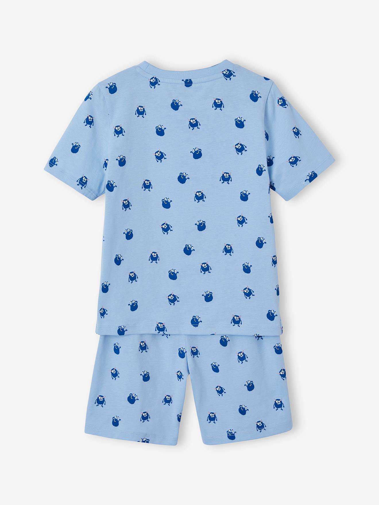 Pyjashort maille nid d'abeille imprimé monstres garçon bleu ciel
