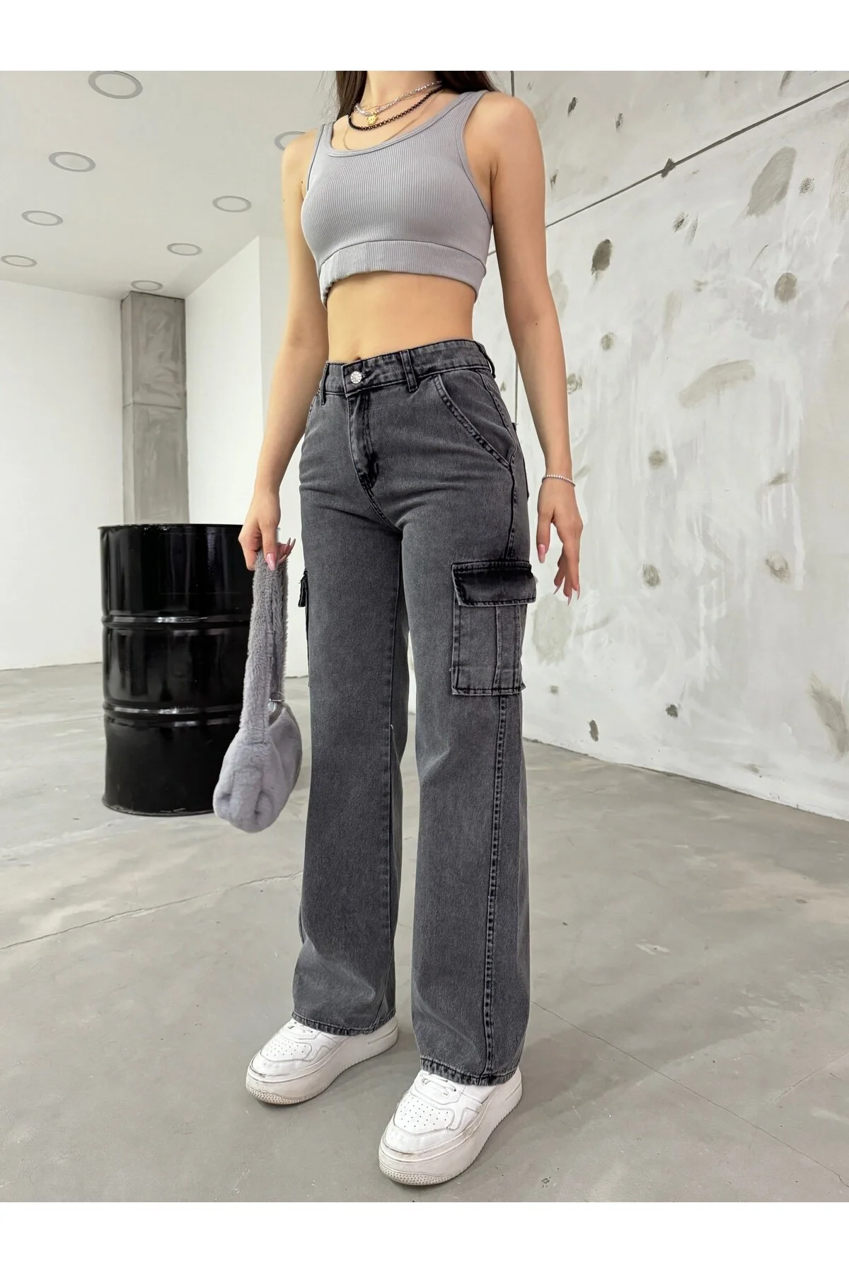 BİKELİFE  Geräucherte Damen-Cargohose mit hoher Taille und weitem Bein