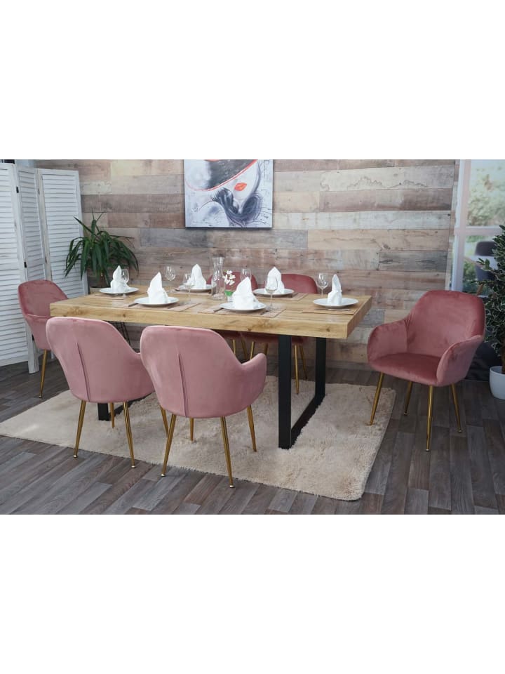 MCW 2er-Set Retro Esszimmerstuhl F18, Samt altrosa, goldene Beine günstig kaufen onesize