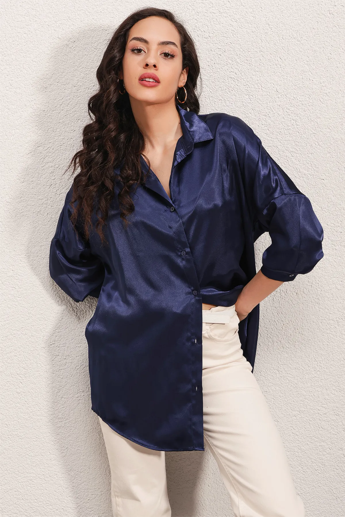 Bigdart  3985 Oversize-Satinhemd – Marineblau
