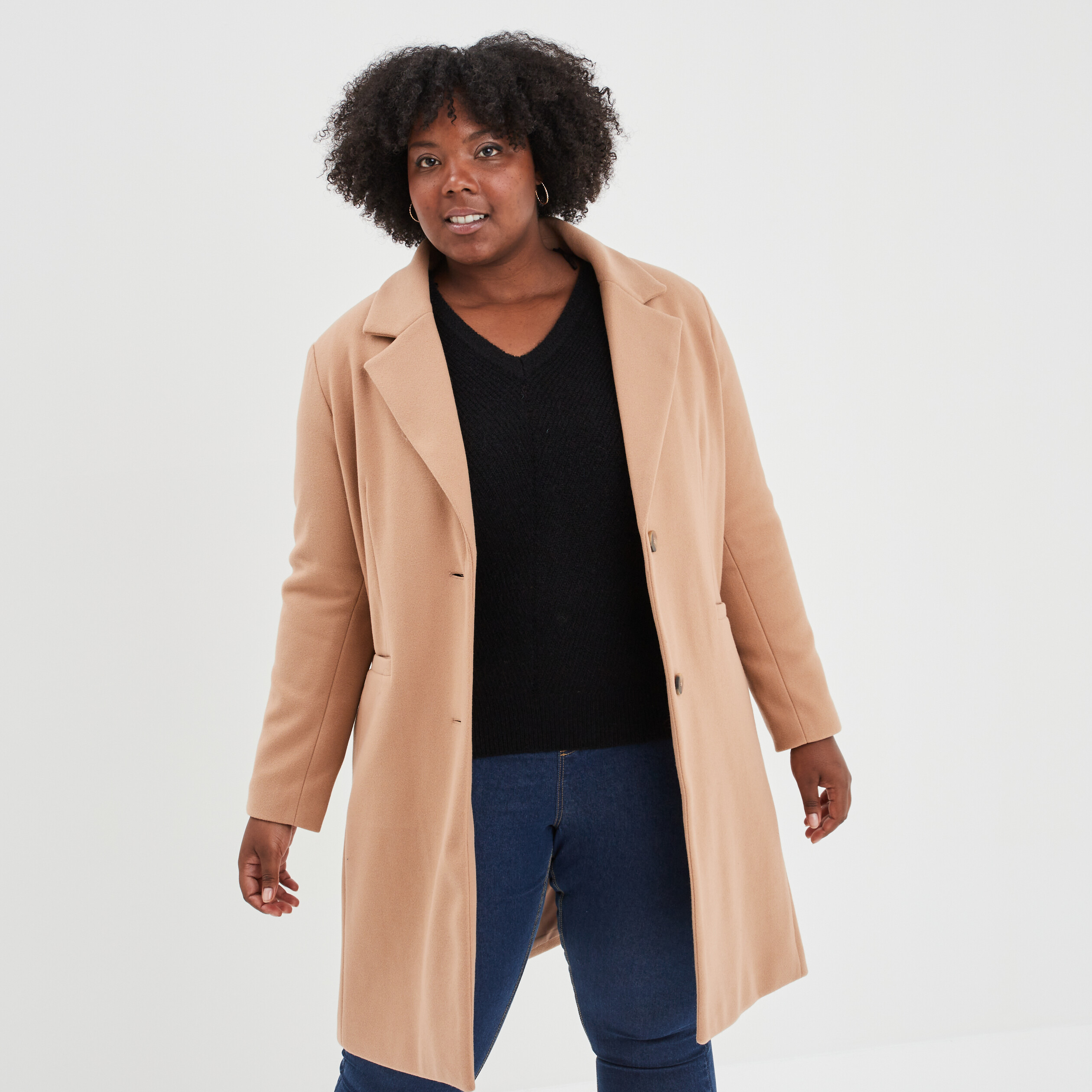 Manteau long boutonné marron clair femme grande taille | La Halle