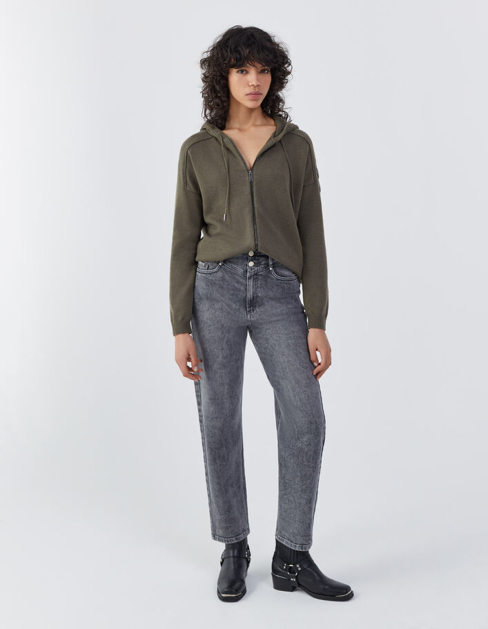 Cardigan capuche kaki chevron bijou et jeux de point femme
