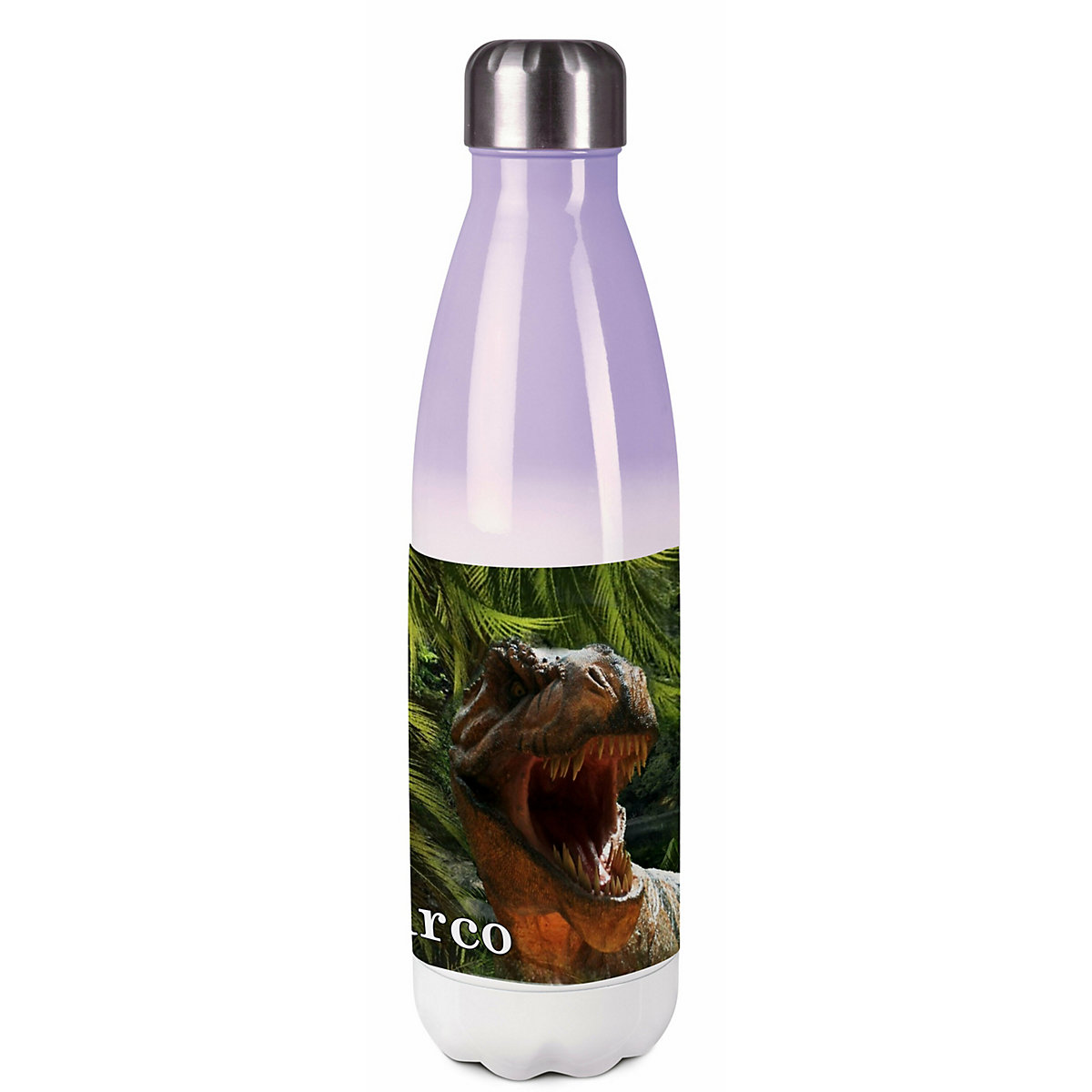 Edelstahl Kinder Thermoflasche / Trinkflasche bunt T-Rex Spülmaschinenfest, Auslaufsicher, Bruchfest, Doppelwandig, Für Heißgetränke geeignet, Mit Deckel, Isoliert