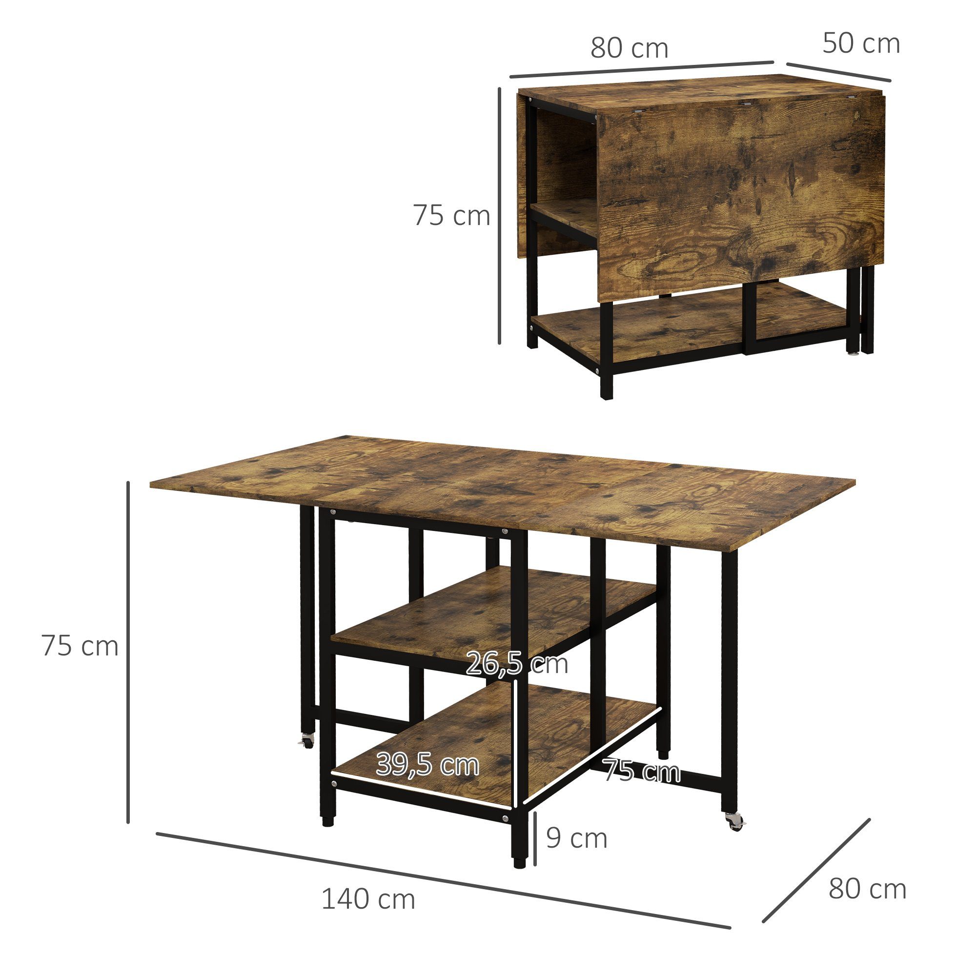 HOMCOM Klapptisch Esstisch mit zwei offenen Regalböden, Küchentisch mit Rollen (Wohnzimmertisch, 1-St., Esszimmertisch), für 6 Personen