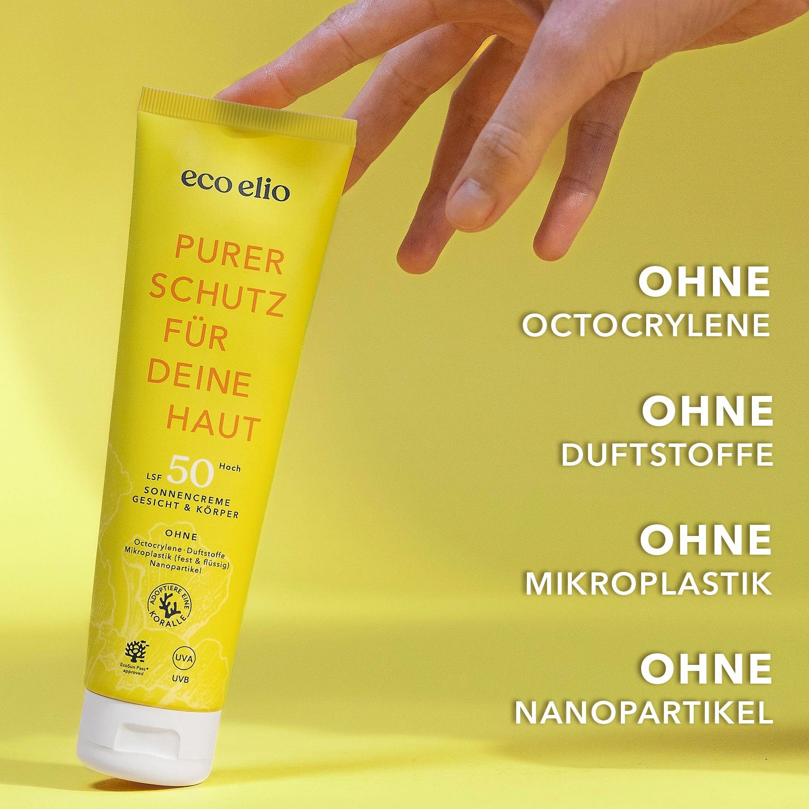 eco elio Sonnenschutzcreme hautverträglich, Tube 150ml, LSF 50, Tube, LSF50, SPF50, schnell einziehend, nachhaltig, Eco Produkt & Verpackung