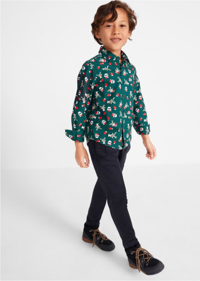 Jungen Langarmhemd mit Weihnachtsmotiv, Slim Fit