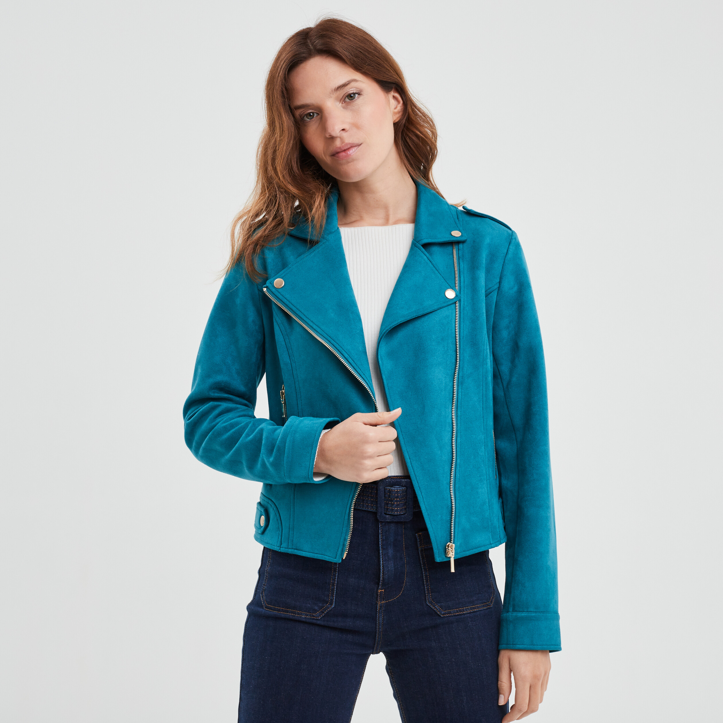 Veste esprit biker effet suédine bleu canard femme | La Halle