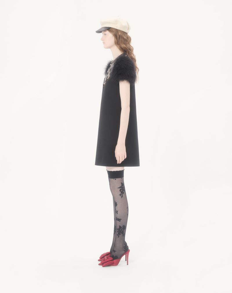 Vestido curto de crepe bordado de alta costura