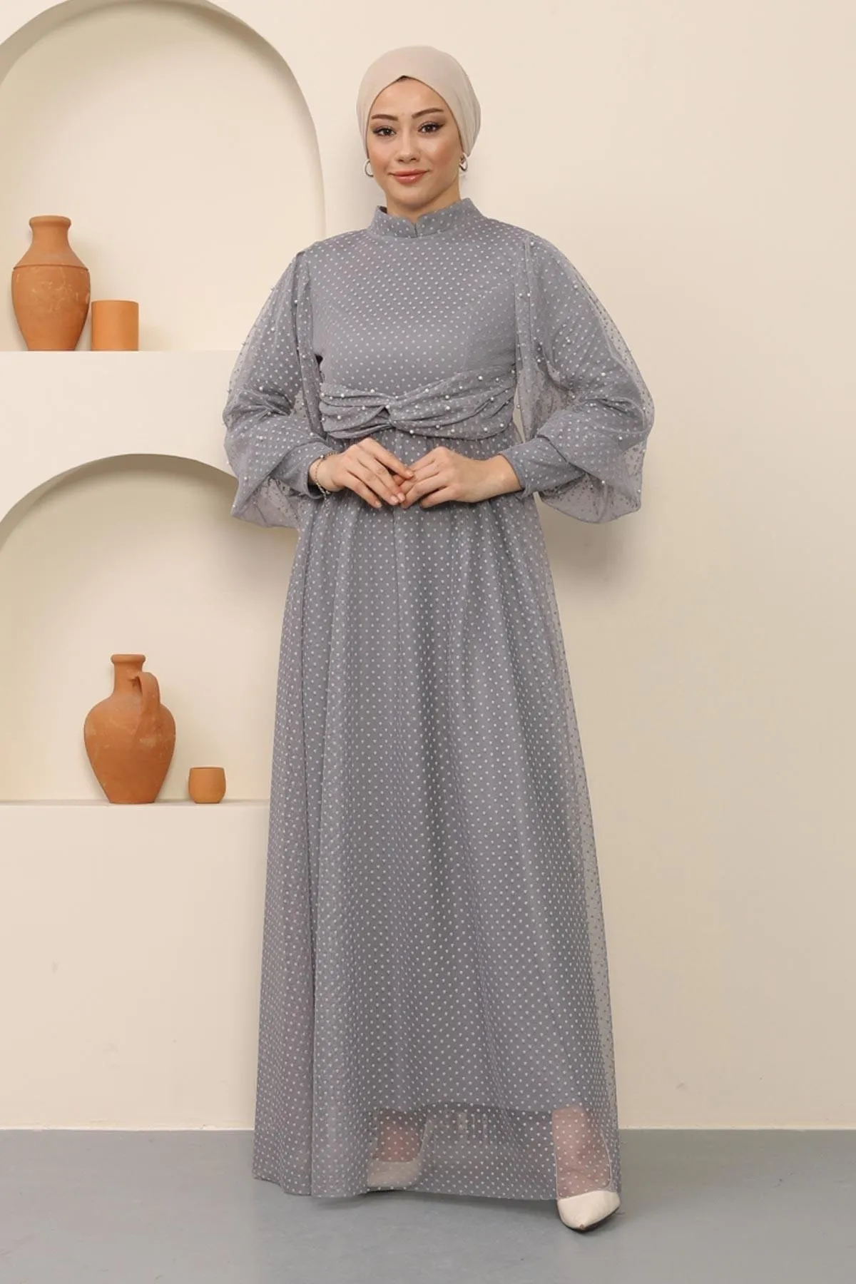 Modamihram  Abendkleid aus Tüll mit Perlendetail, Grau 12238