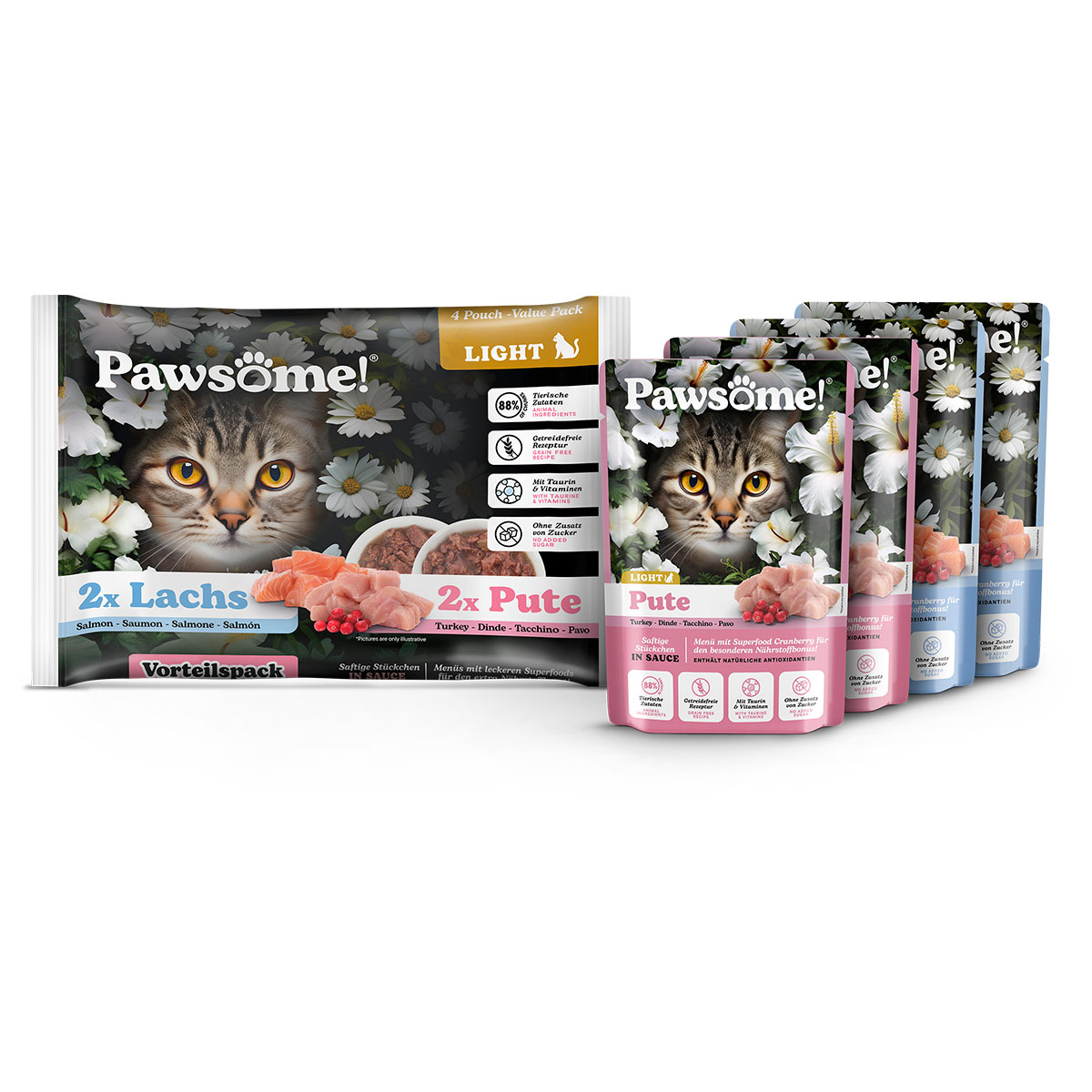 Pawsome Adult Light Pute & Lachs Flowpack 4x85g bei ZooRoyal