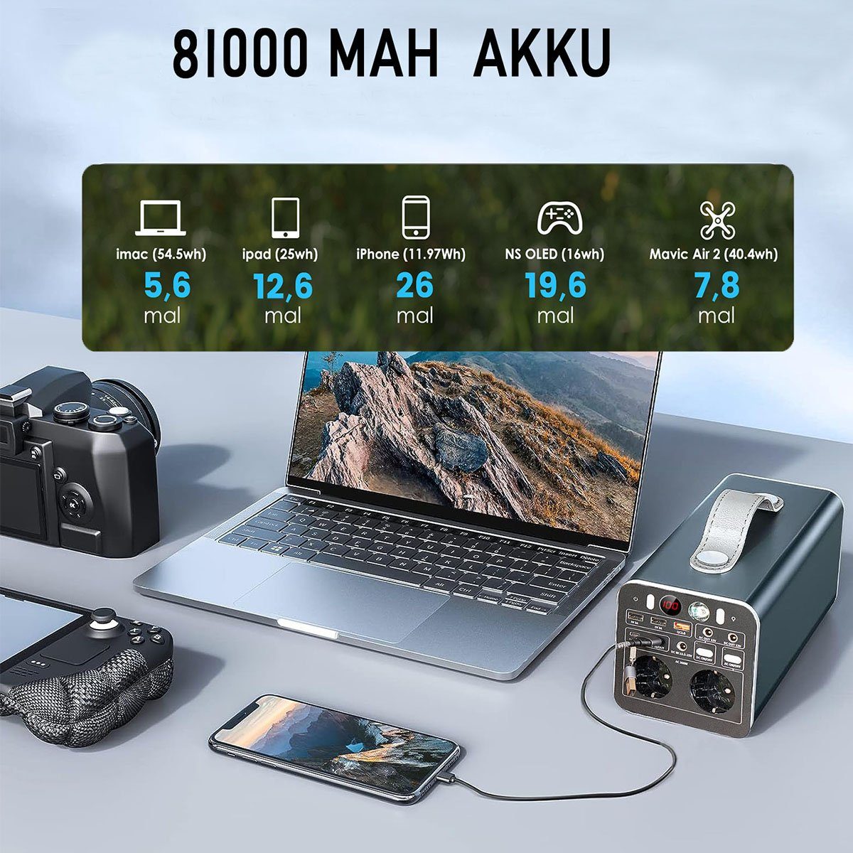 oyajia Stromerzeuger Tragbare Kraftwerk, LiFePO4-Batterie 300Wh/81000mAh 18V Powerstation, 0,30 in kW, mit AC (220–224 V) und DC-Ausgang, PD 65W, für Camping/Reisen/Notfall