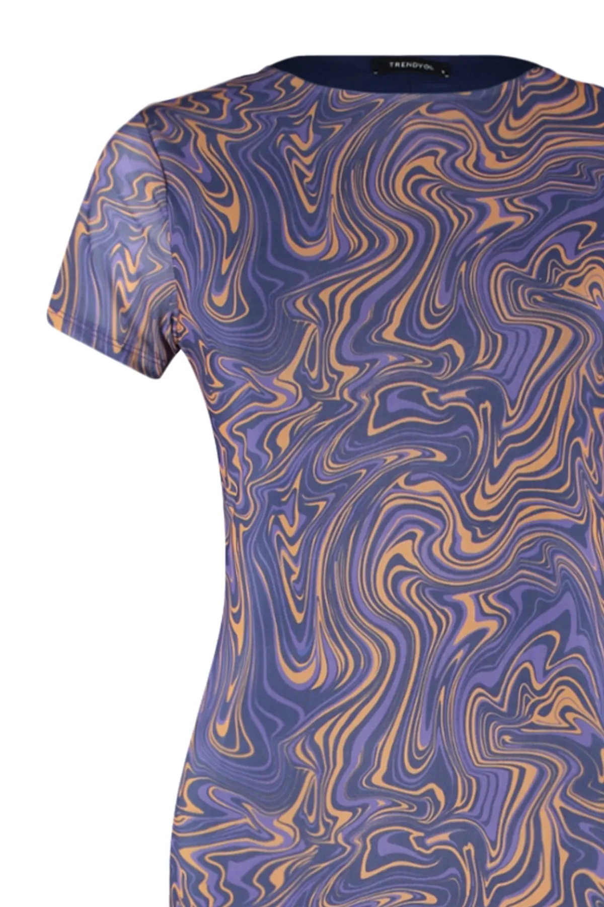 Trendyol Collection  Blaues, bedrucktes, kurzärmliges, tailliertes, flexibles Midi-Bleistiftkleid aus Tüll mit Rundhalsausschnitt TWOSS23EL01791