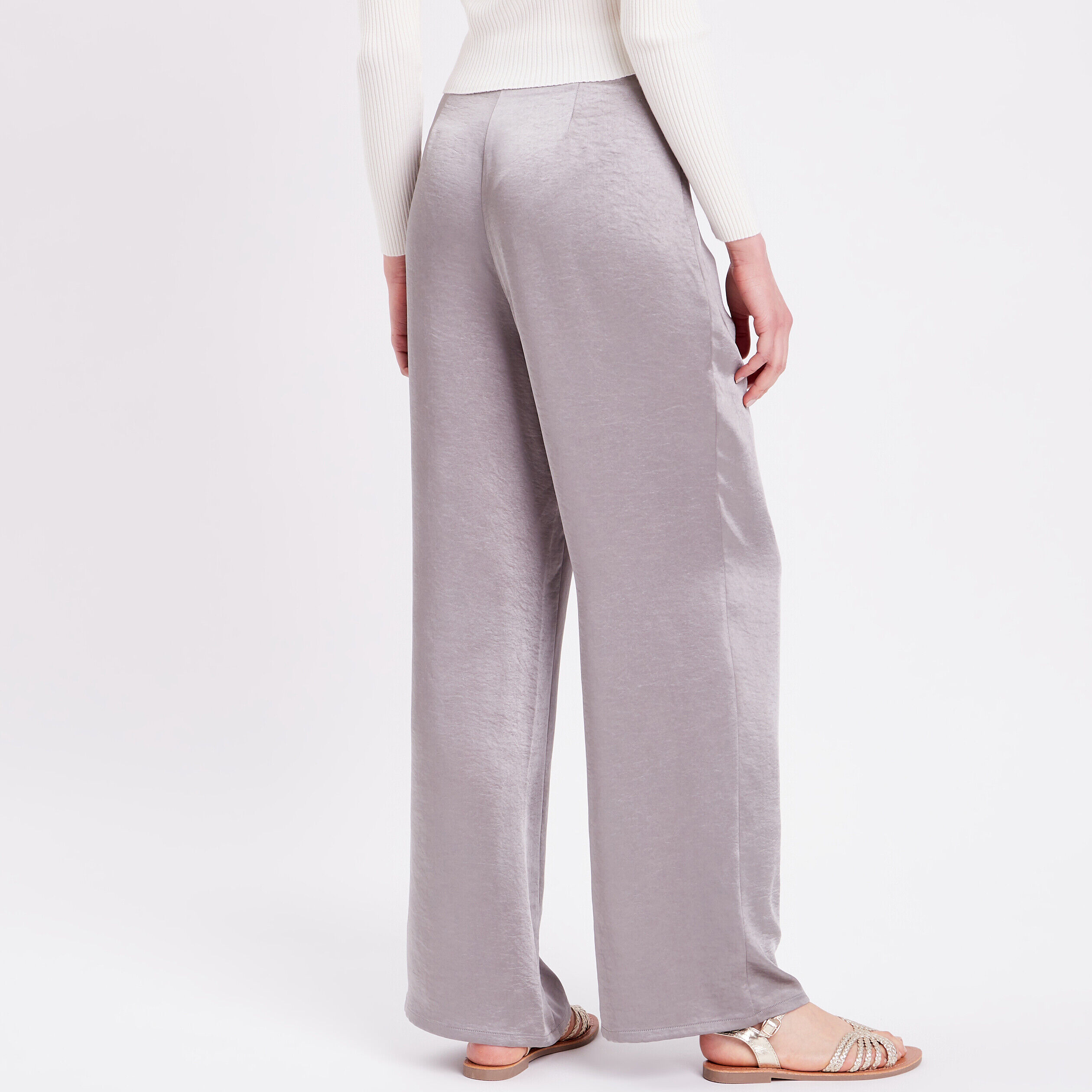 Pantalon large fluide satiné gris argent femme | Cache Cache