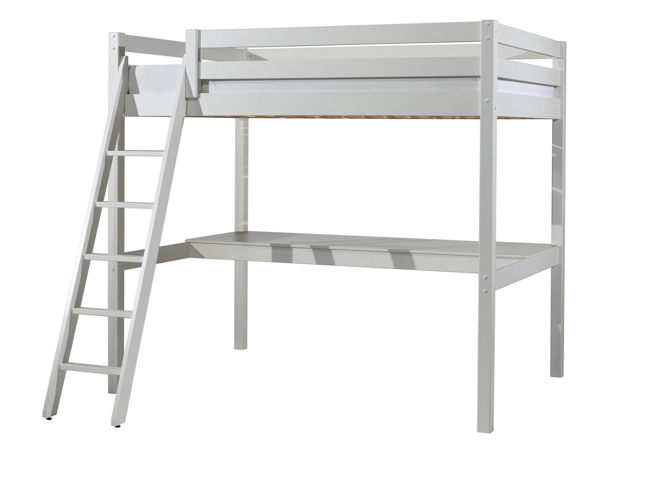 VIPACK Hochbett mit Liegefläche 140 x 200 cm und großer Schreibtischplatte, Ausf. weiß lackiert