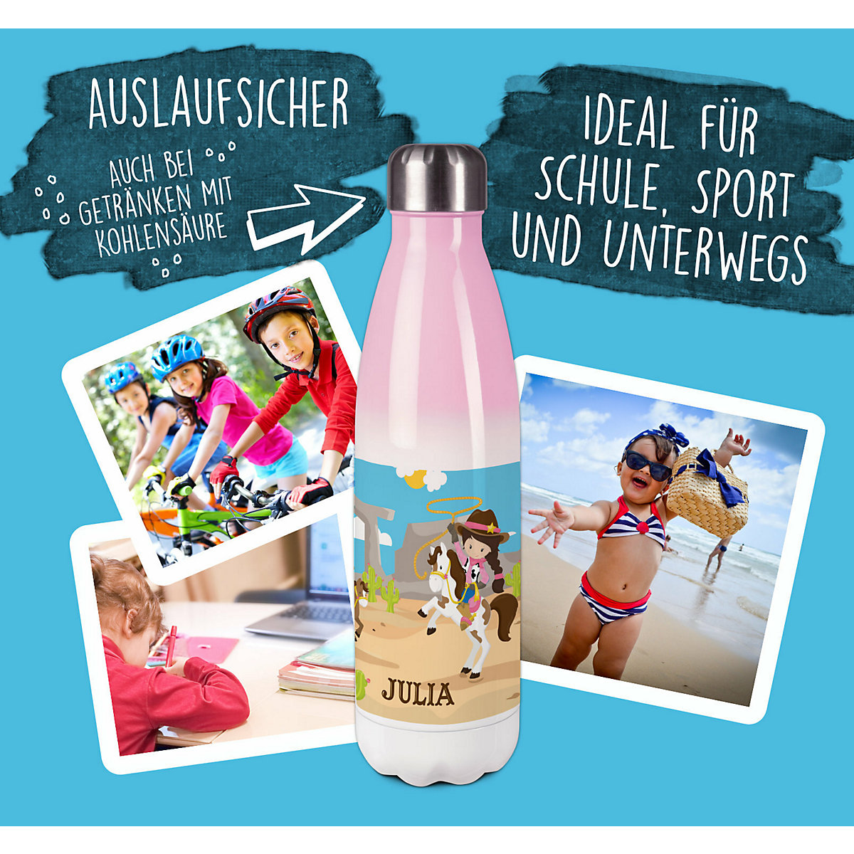 Edelstahl Kinder Thermoflasche / Trinkflasche bunt Cowgirl Spülmaschinenfest, Auslaufsicher, Bruchfest, Doppelwandig, Für Heißgetränke geeignet, Mit Deckel, Isoliert