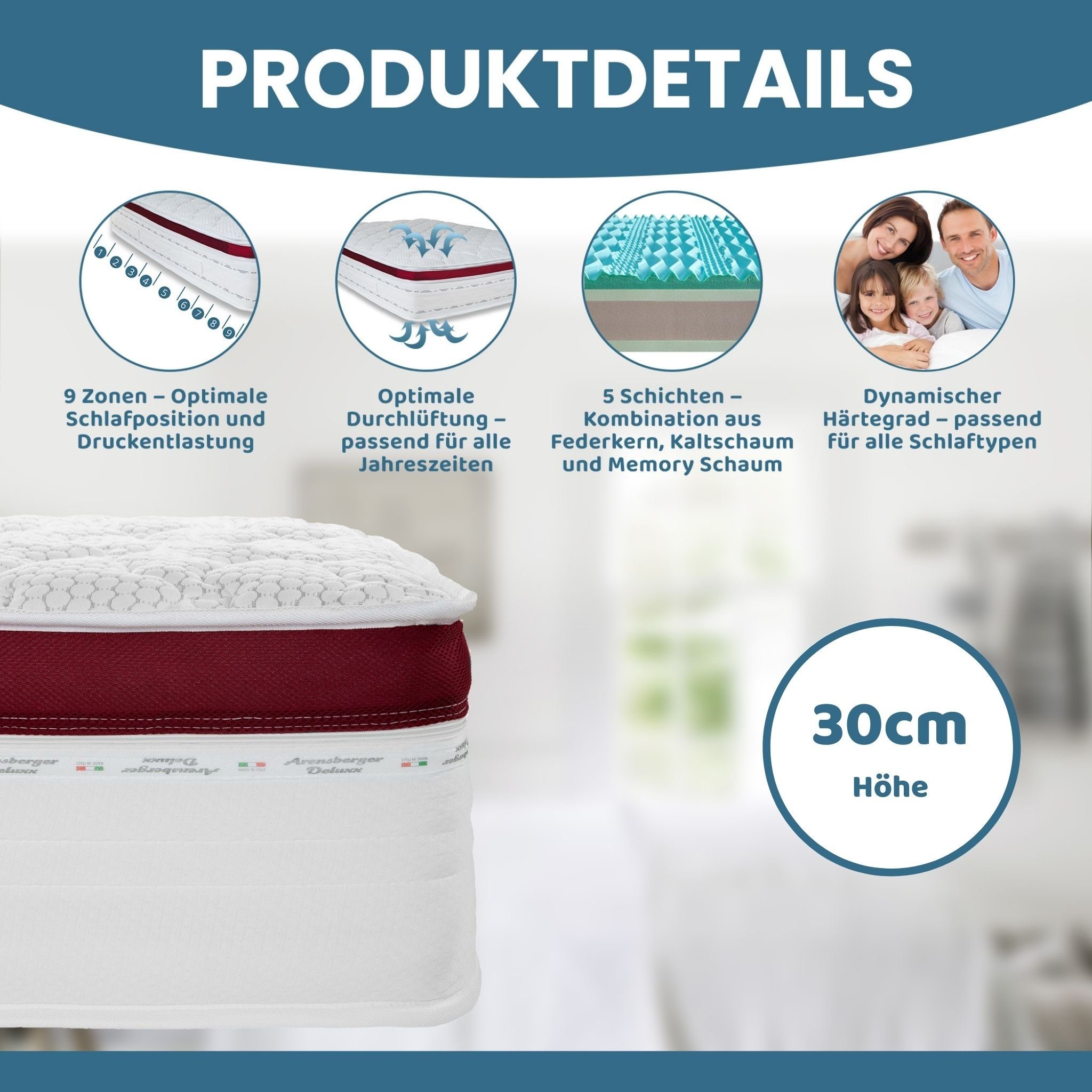 Taschenfederkernmatratze Arensberger Taschen Federkernmatratze mit 3D Memory Schaum DELUXX, Arensberger, 30 cm hoch, (90 x 200 cm), Höhe 30cm, Taschenfederkernmatratze mit Kaltschaum + Memory Schaum
