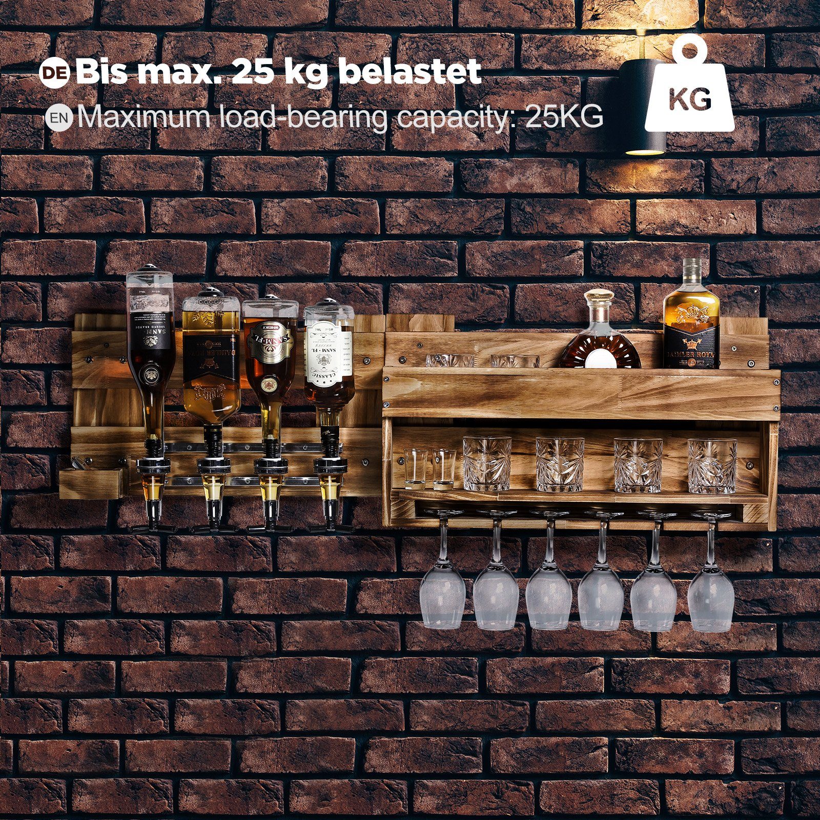 Yorbay Weinregal Weinregal aus Holz, Wandbar mit 4 Getränkespender, Wandmontage Wand Flaschenhalter Vintage Stil