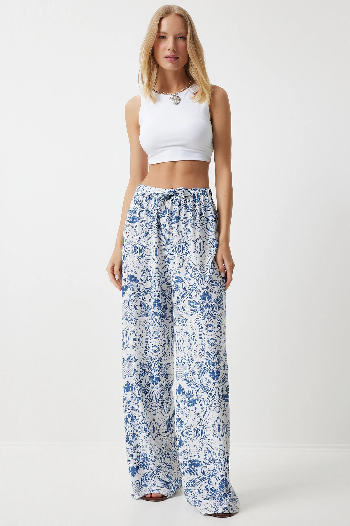 Happiness İstanbul  Damen-Sommerhose aus Viskose, blau, weiß, hohe Taille, locker, BH00354