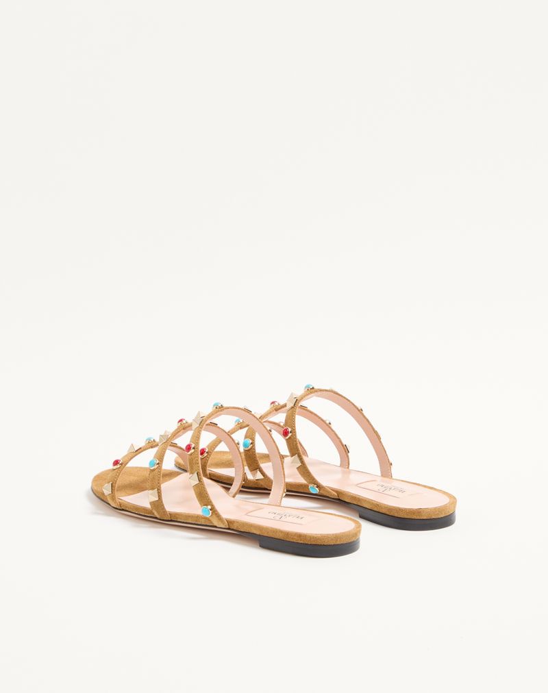 Rockstud Slide Sandal van splitleer met cabochonstenen