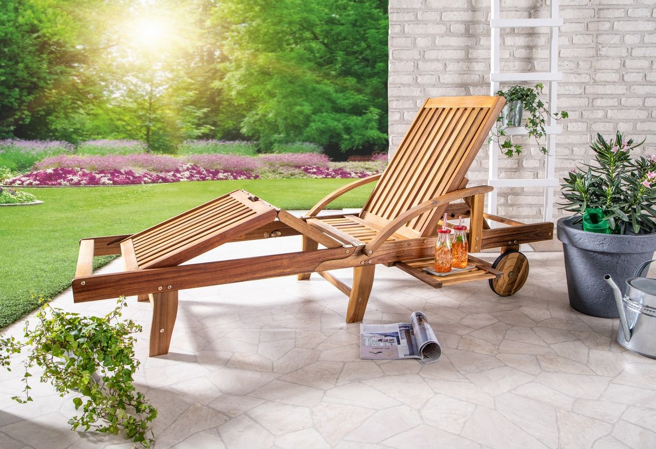 HC Garten & Freizeit verstellbare Sonnenliege mit Beistelltisch - Akazienholz