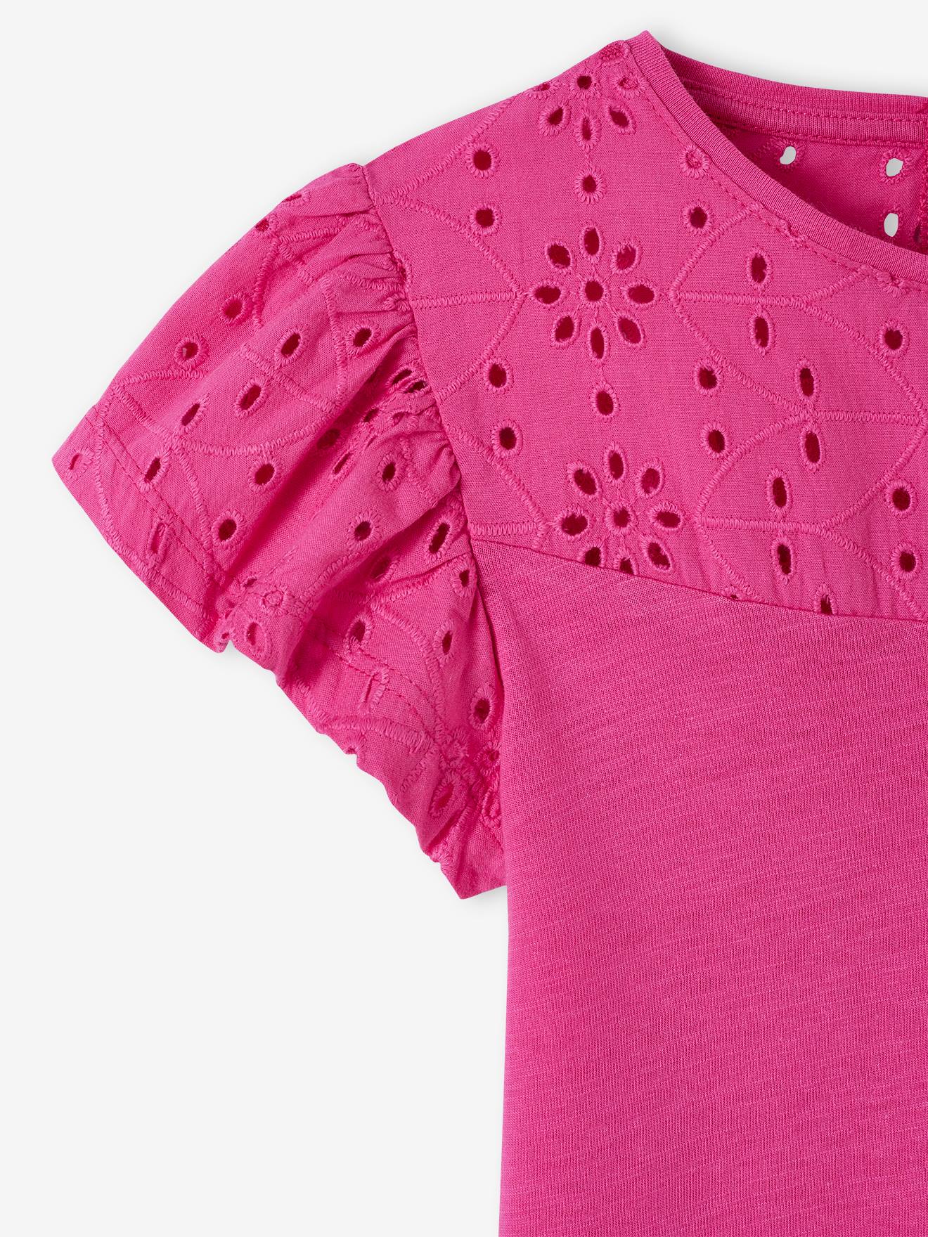 Vertbaudet Mädchen T-Shirt mit Volantärmeln und Lochstickerei Oeko-Tex - dunkelrosa