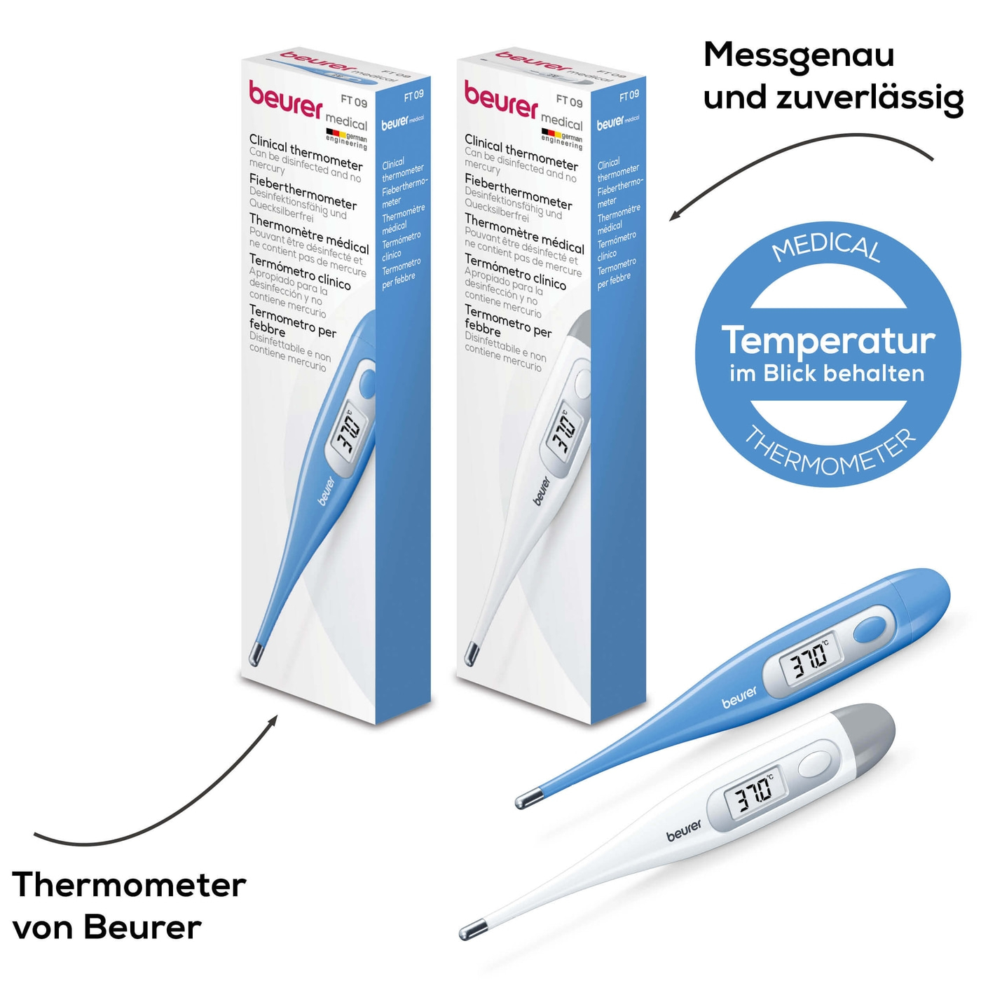 Beurer Fieberthermometer - FT 09 White-Einfach bedienbares Fieberthermometer mit Kontakt-Messtechnik