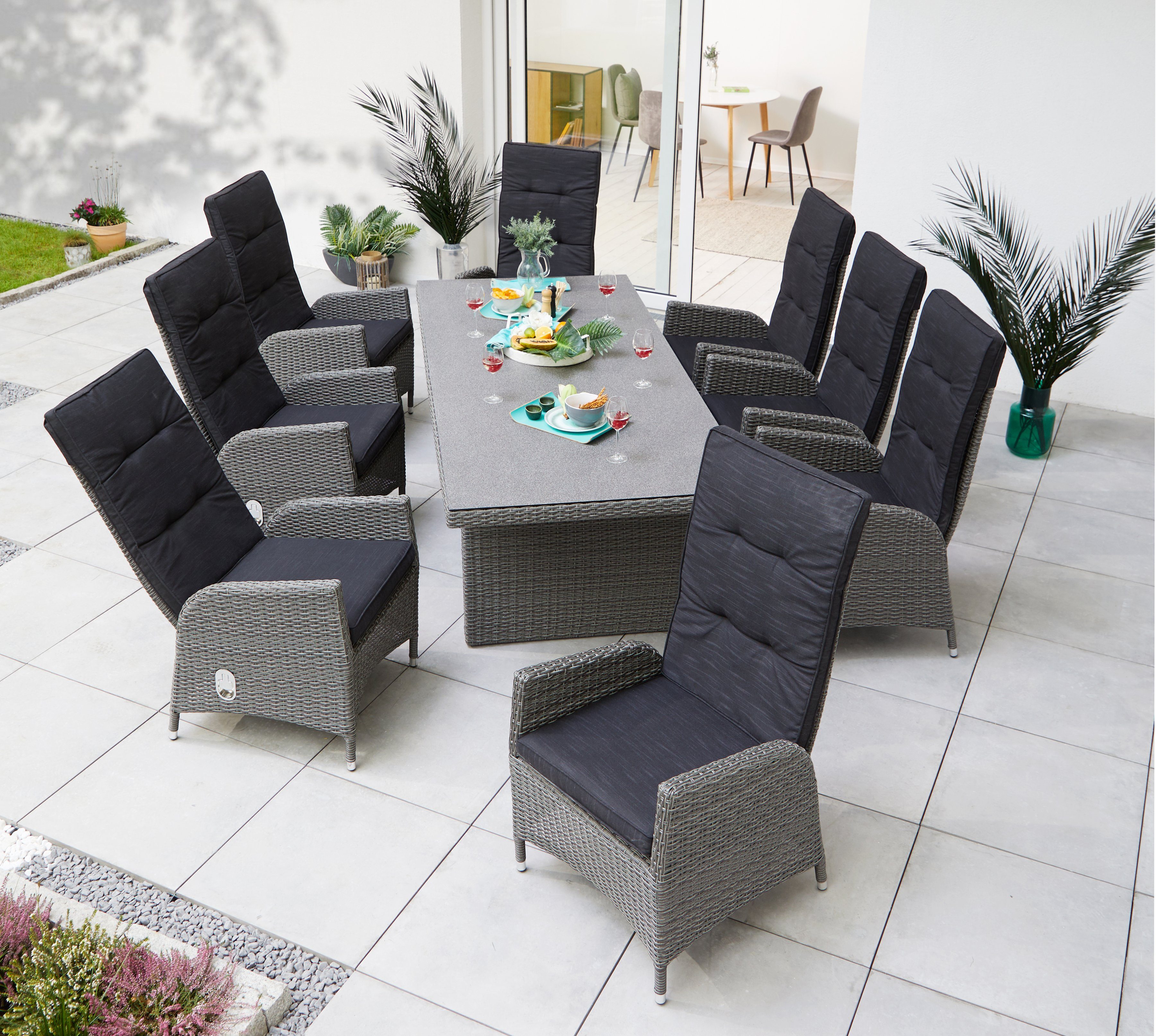 KONIFERA Garten-Essgruppe Brisbane, (17-tlg., inkl. Auflagen, Alu+Polyrattan), 8 Sessel, 1 Tisch 225x100x75 cm