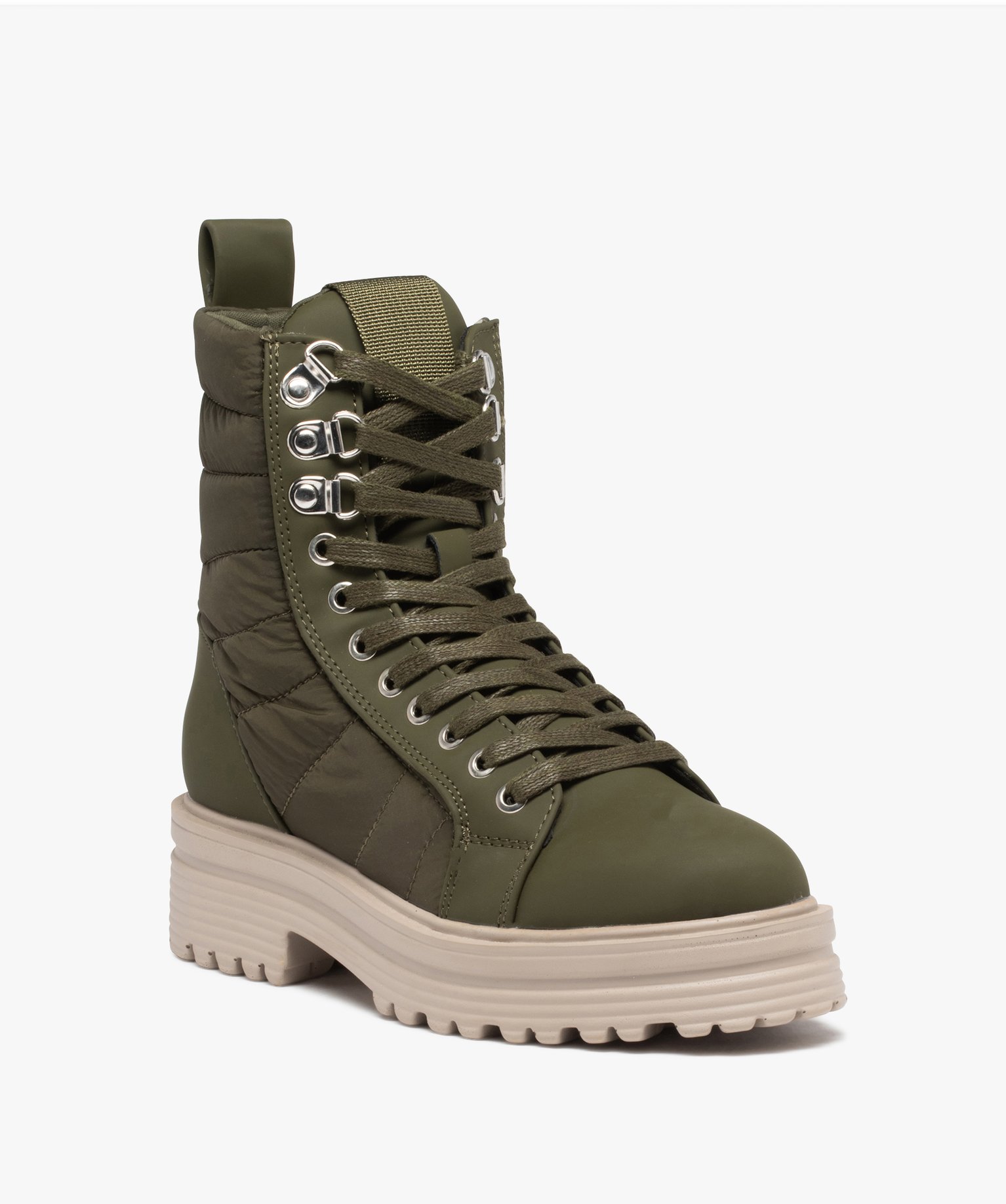 Bottines femme à lacets dessus textile matelassé kaki | GEMO